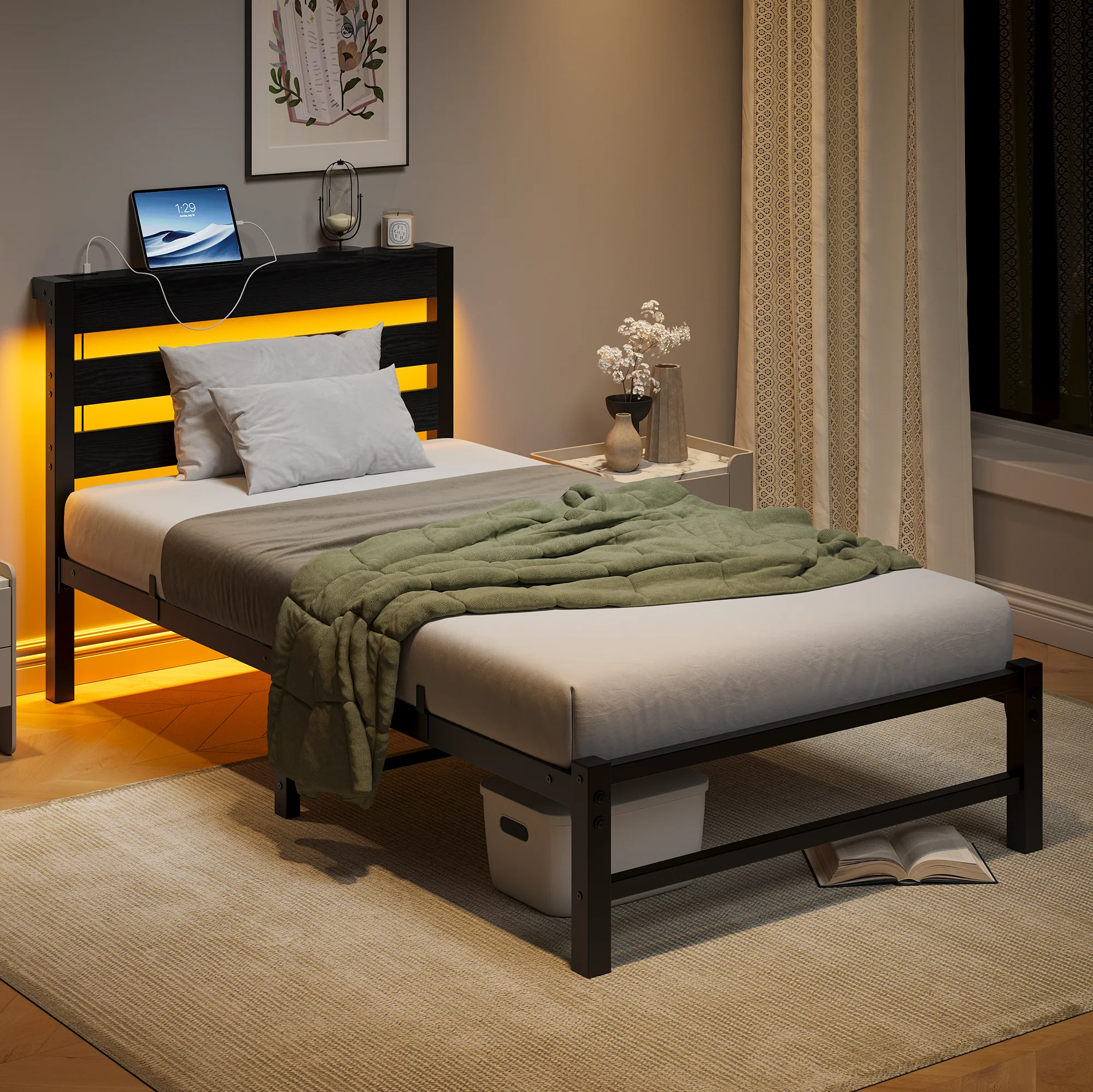 Metal Bed Frame 90x200 with LED Light USB Charging & Under-Bed Storage - Image 3