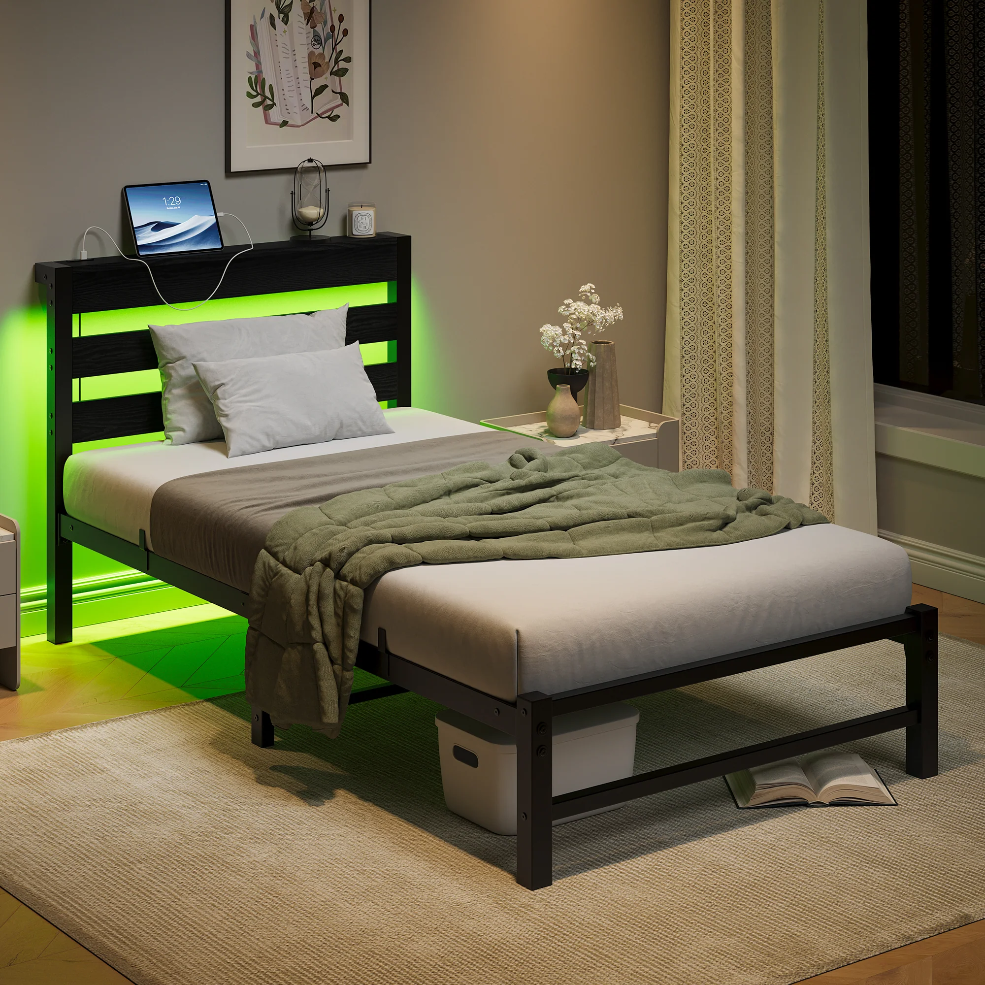 Metal Bed Frame 90x200 with LED Light USB Charging & Under-Bed Storage - Image 4