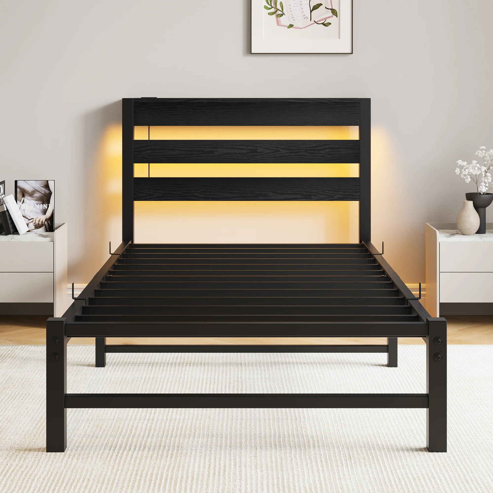Metal Bed Frame 90x200 with LED Light USB Charging & Under-Bed Storage - Image 5