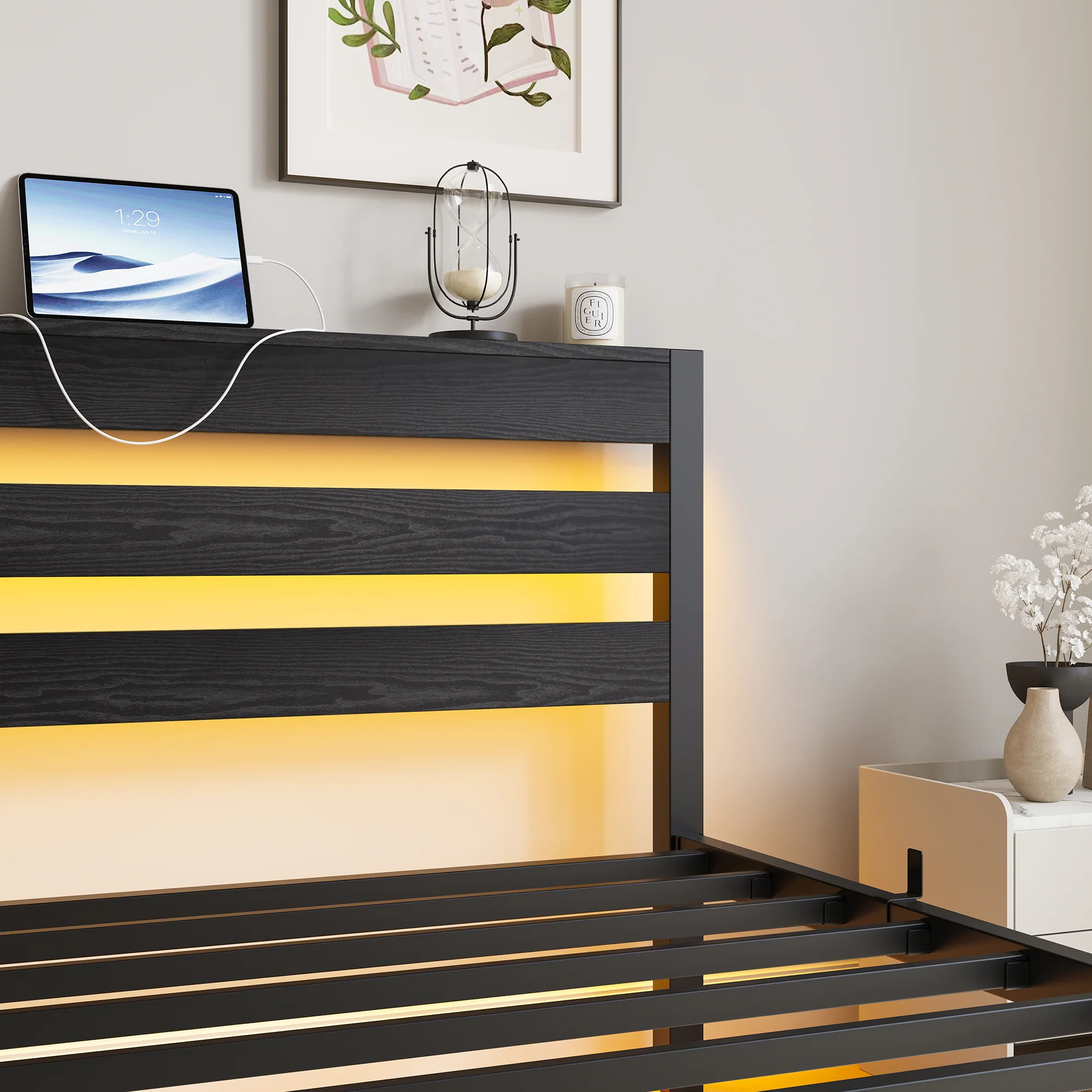 Metal Bed Frame 90x200 with LED Light USB Charging & Under-Bed Storage - Image 7