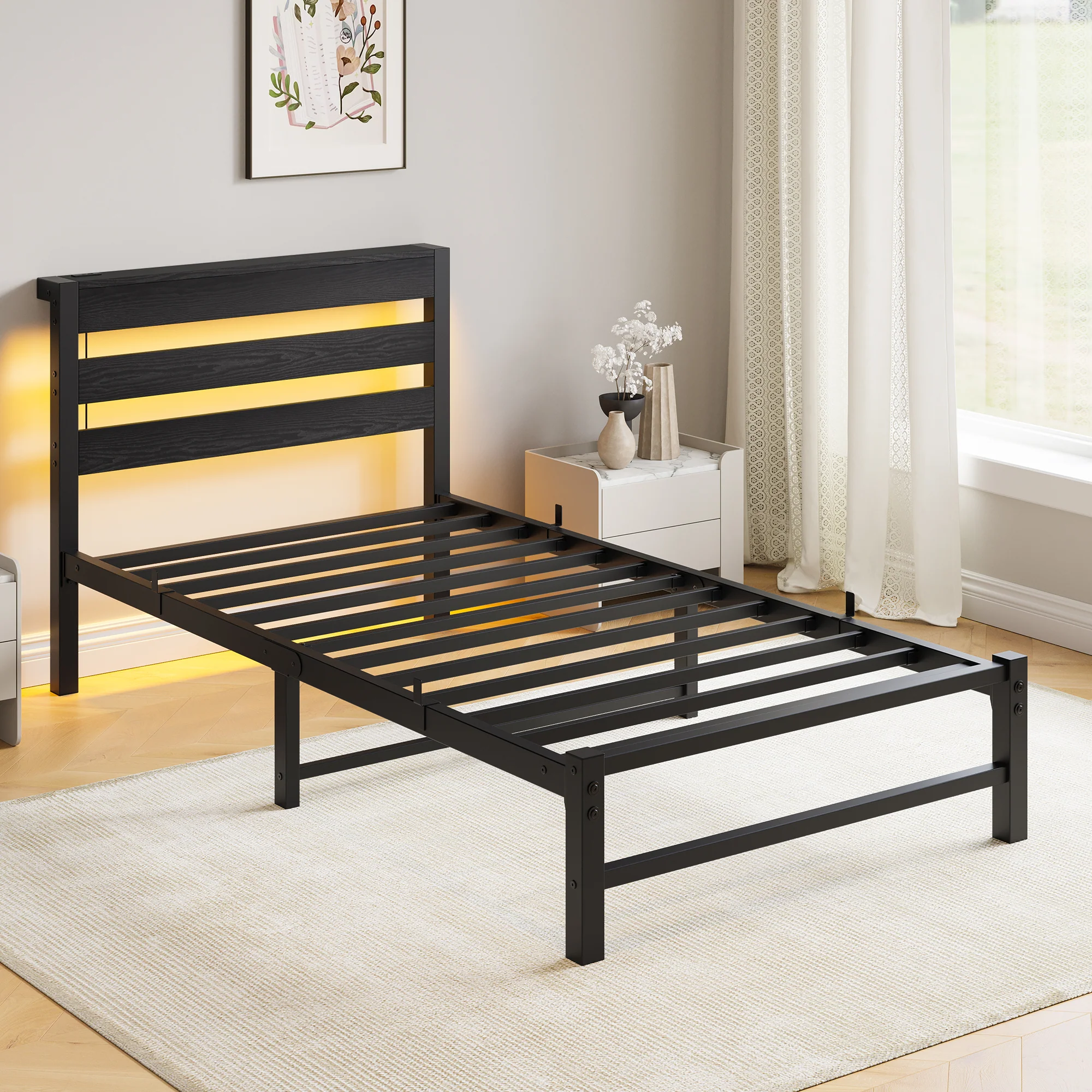 Metal Bed Frame 90x200 with LED Light USB Charging & Under-Bed Storage - Image 8