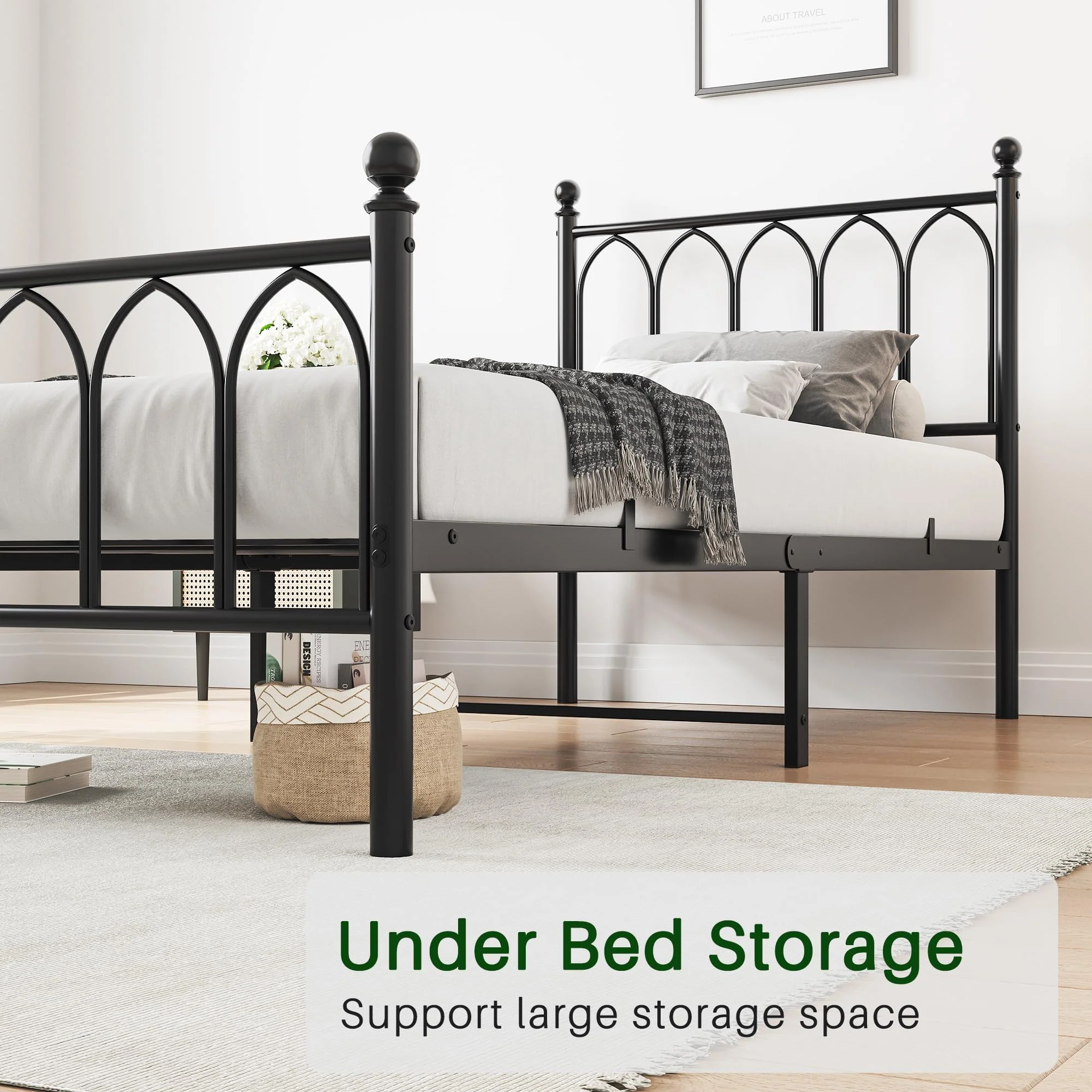 Metal Bed Frame 90x200cm Vintage Headboard Footboard Under-bed Storage - Black - Image 2