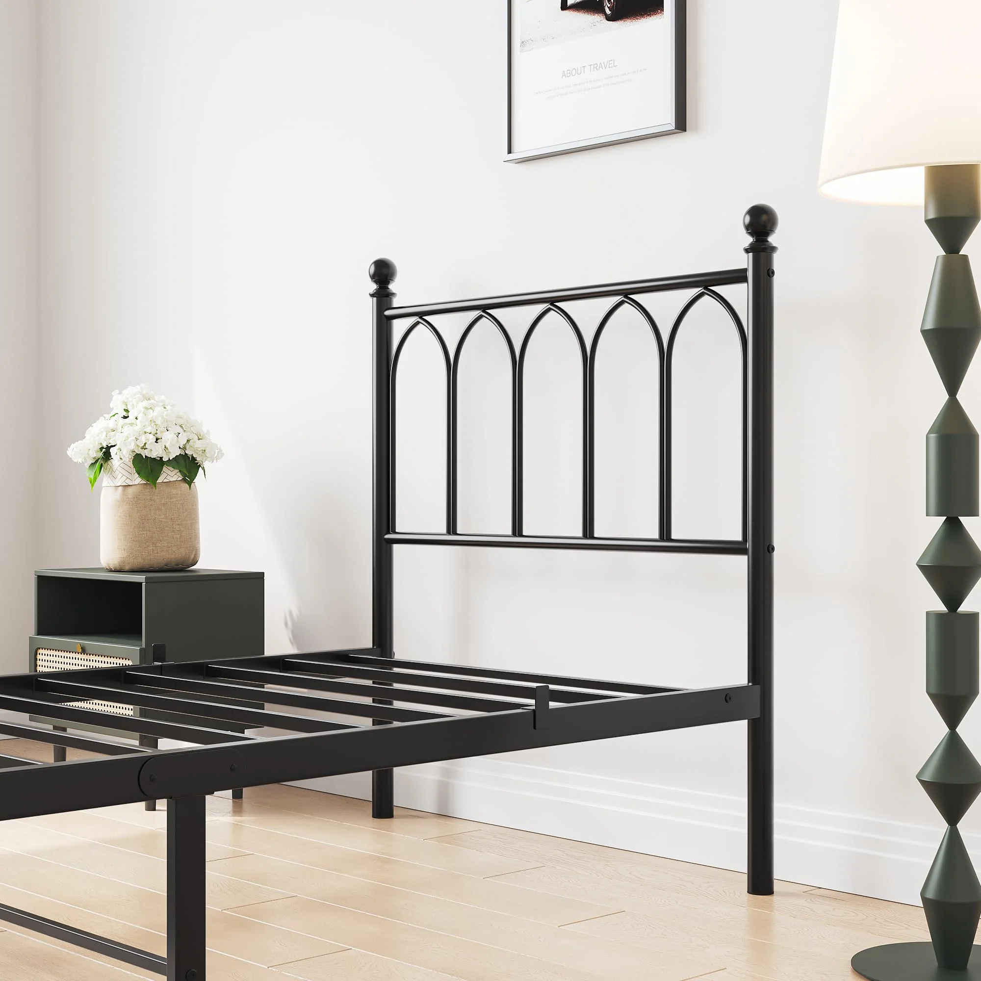 Metal Bed Frame 90x200cm Vintage Headboard Footboard Under-bed Storage - Black - Image 4