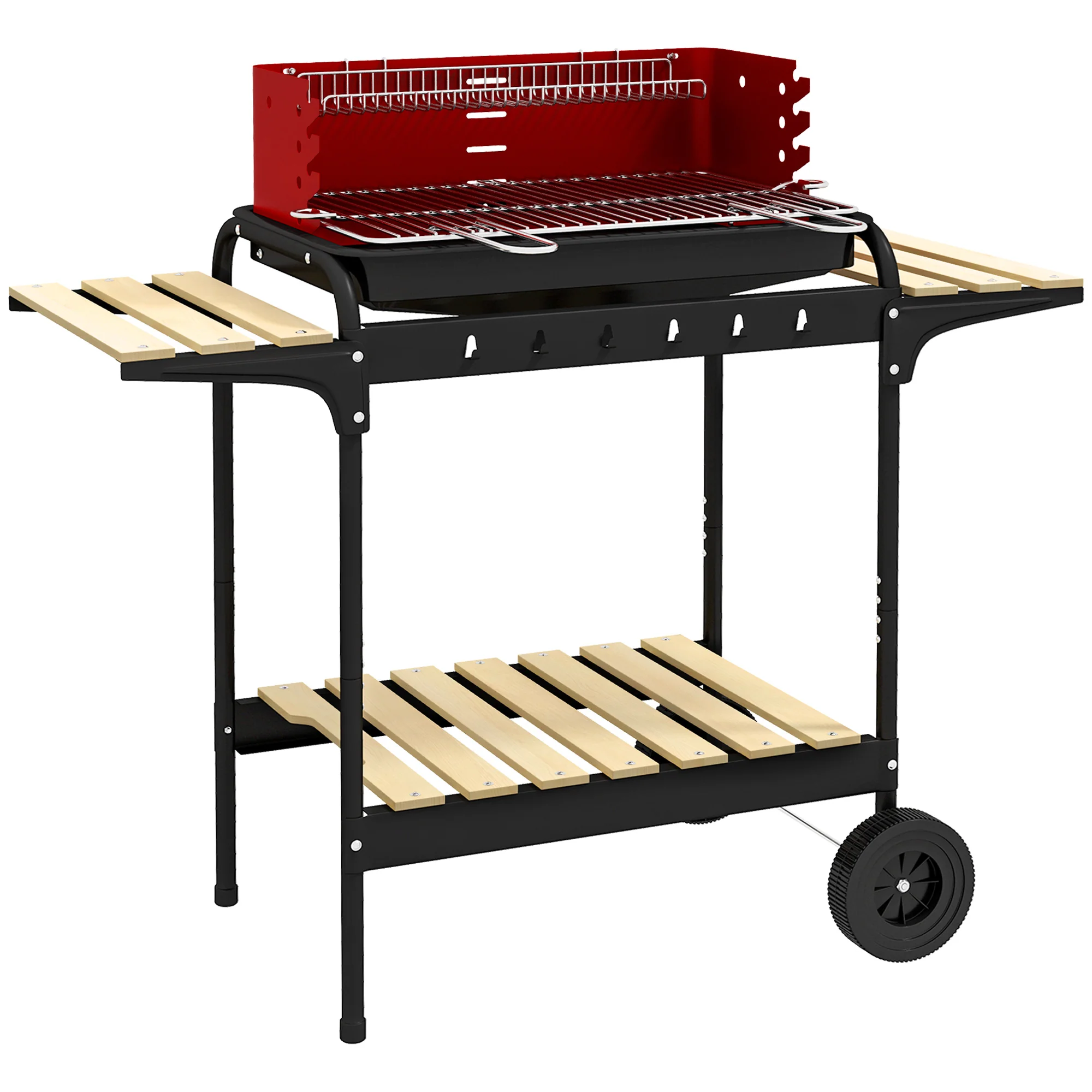 Metal Charcoal Grill BBQ Smoker Mobile with Wheels Adjustable Grate Wood Shelf - Image 2