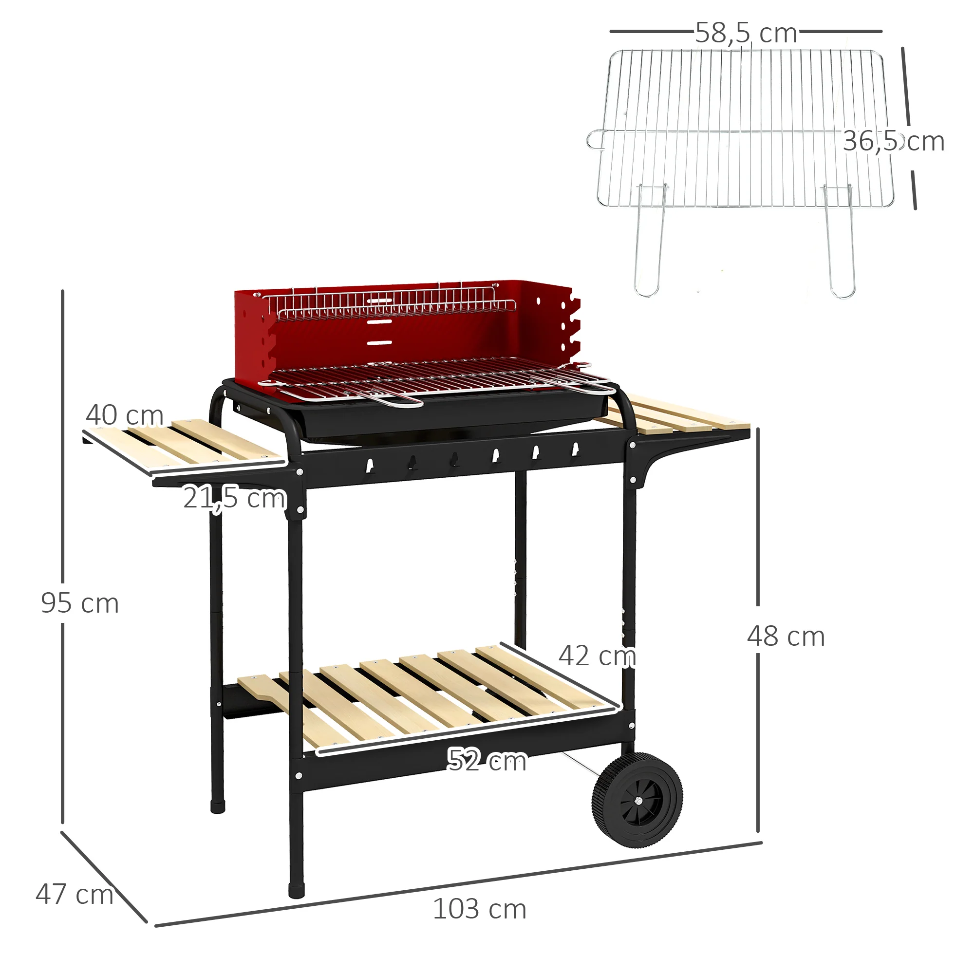 Metal Charcoal Grill BBQ Smoker Mobile with Wheels Adjustable Grate Wood Shelf - Image 3