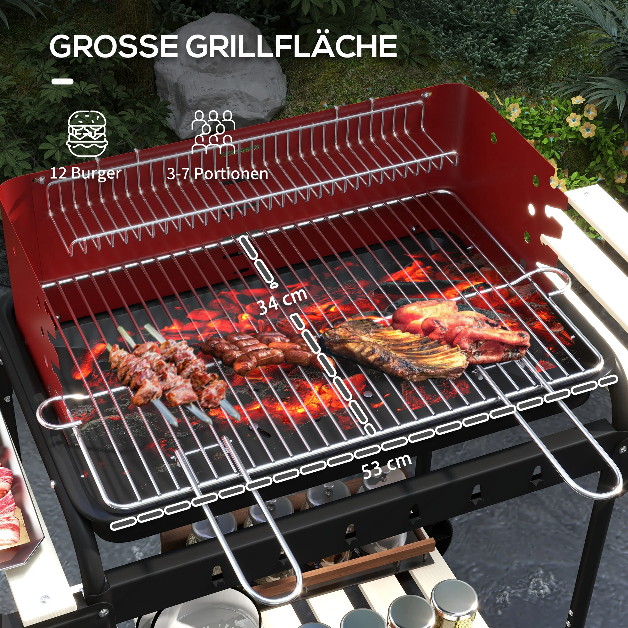 Metal Charcoal Grill BBQ Smoker Mobile with Wheels Adjustable Grate Wood Shelf - Image 4