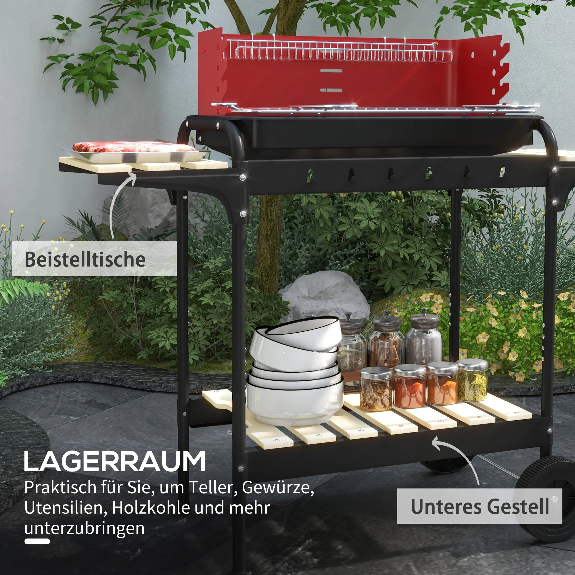 Metal Charcoal Grill BBQ Smoker Mobile with Wheels Adjustable Grate Wood Shelf - Image 6