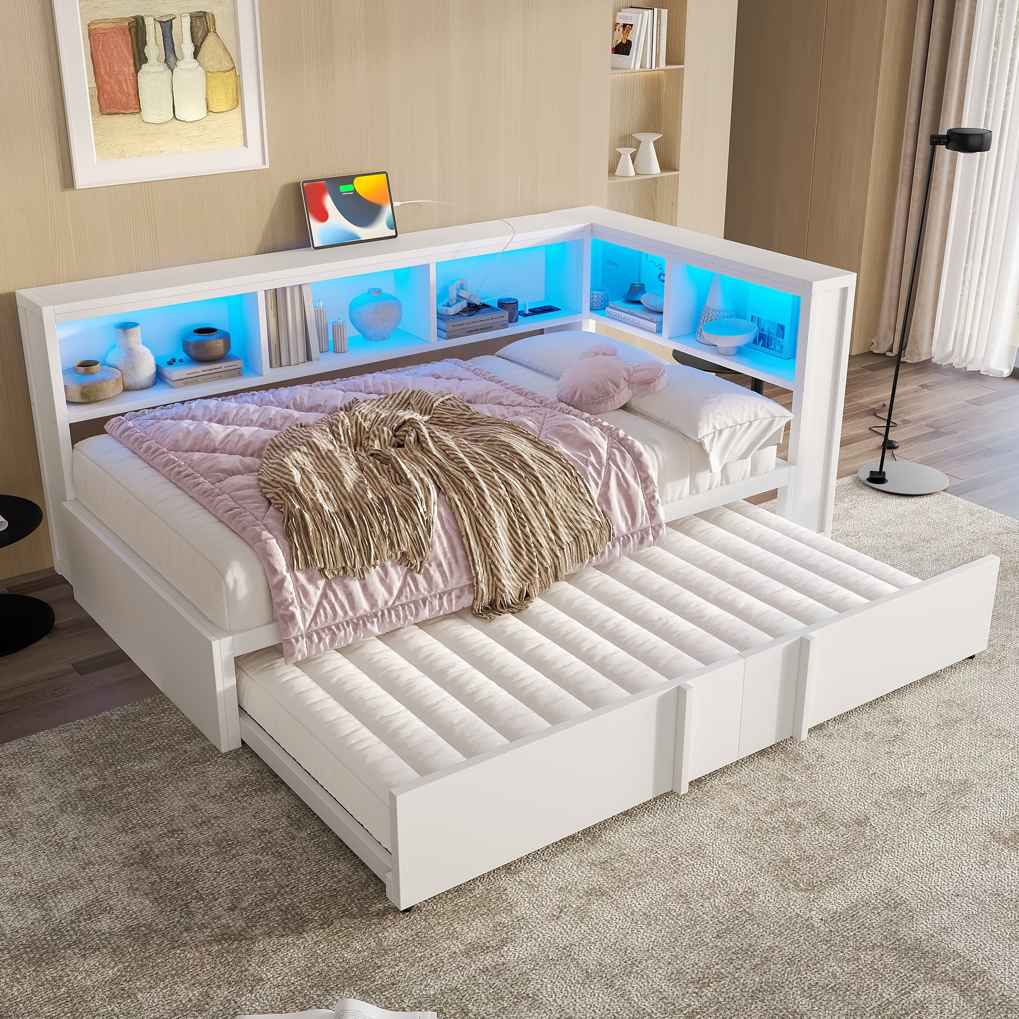 Metal Daybed 90x200cm Pull-out Bed Storage Cabinets LED USB White - Image 2