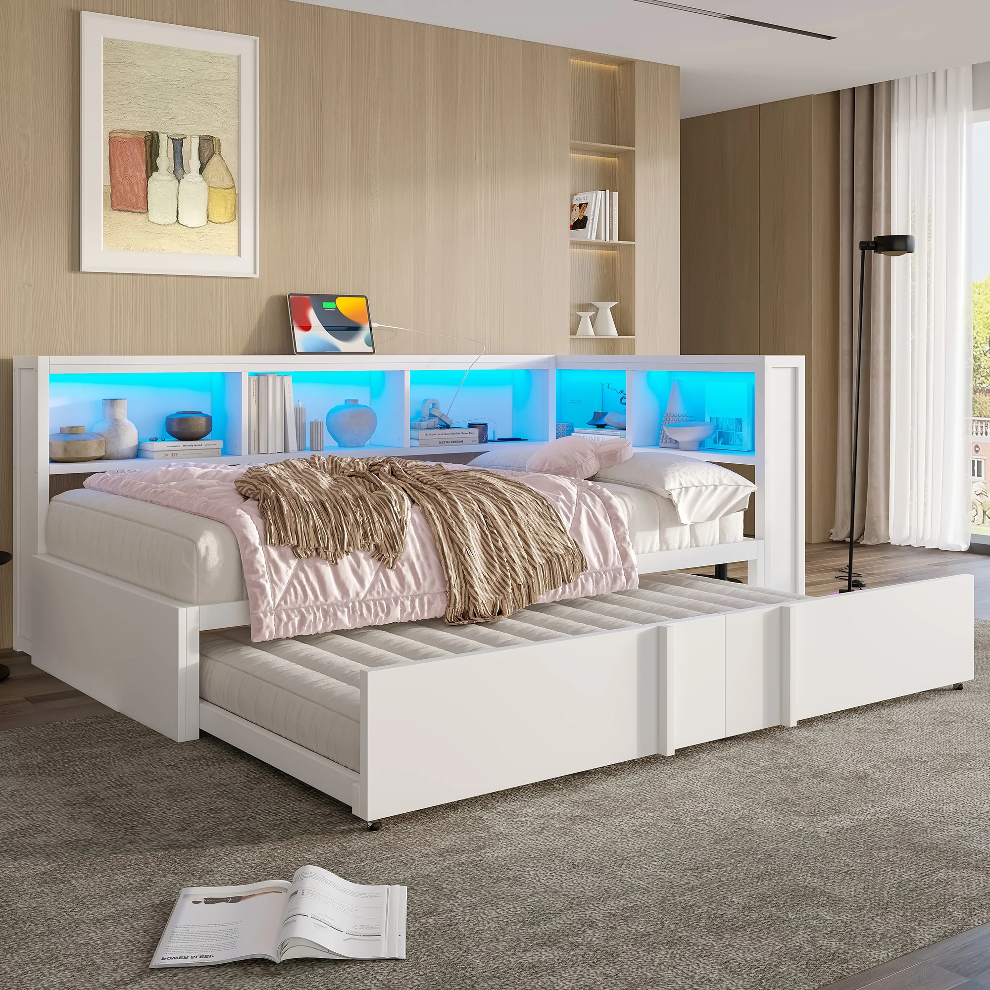 Metal Daybed 90x200cm Pull-out Bed Storage Cabinets LED USB White - Image 3