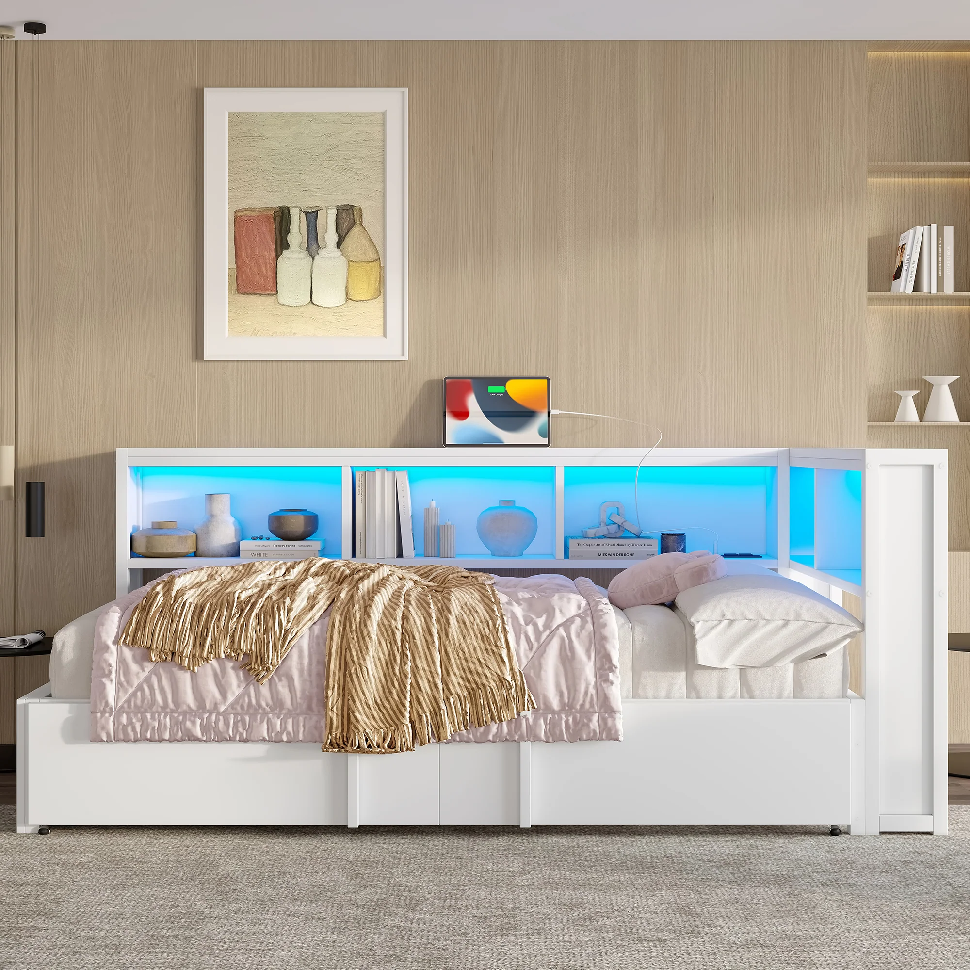 Metal Daybed 90x200cm Pull-out Bed Storage Cabinets LED USB White - Image 4