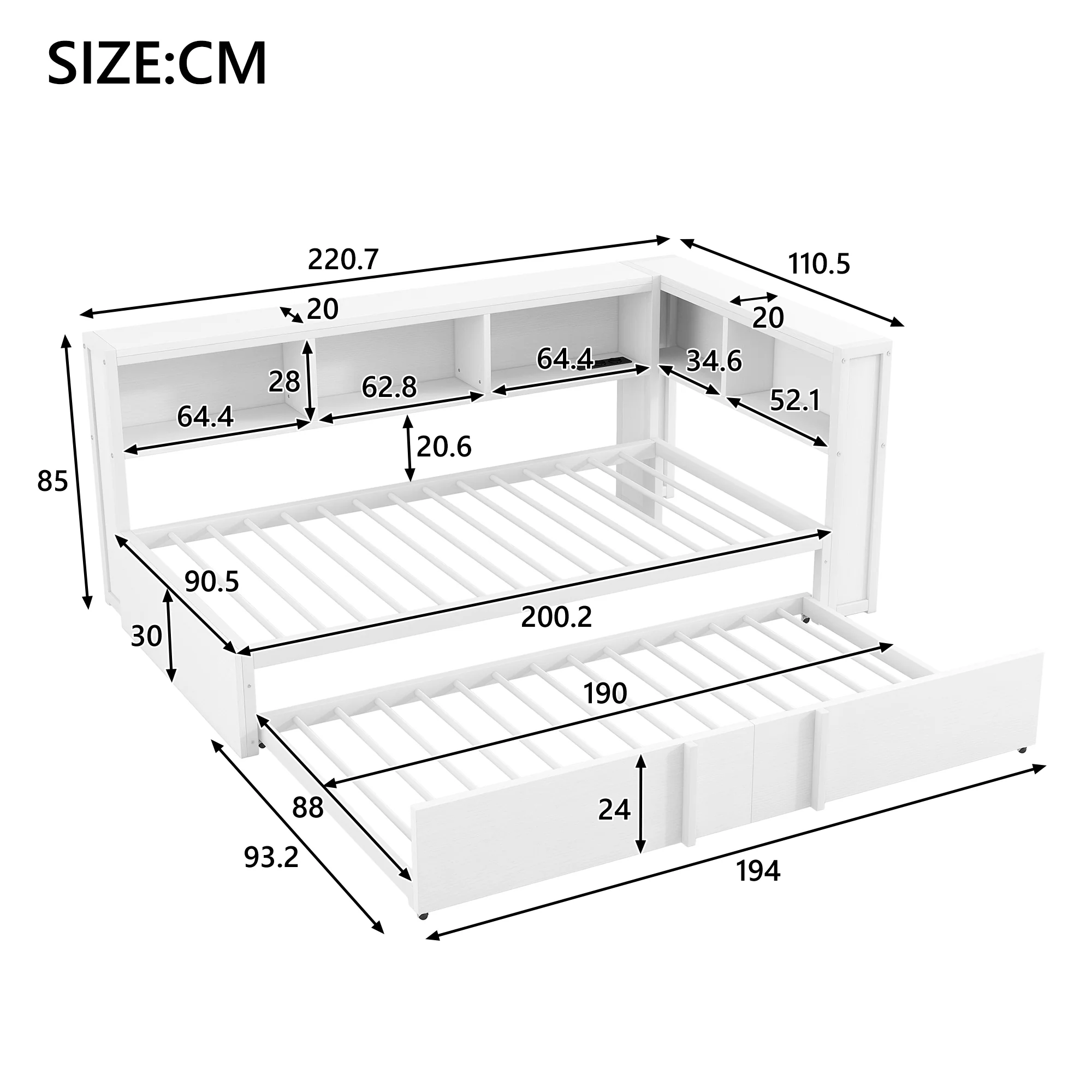 Metal Daybed 90x200cm Pull-out Bed Storage Cabinets LED USB White - Image 5