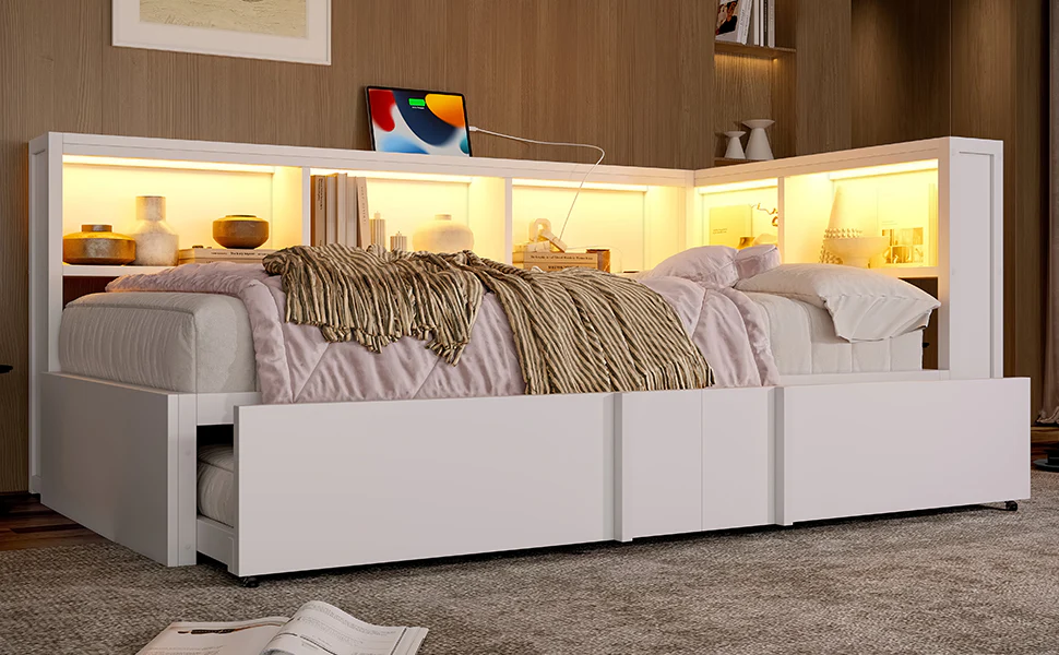 Metal Daybed 90x200cm Pull-out Bed Storage Cabinets LED USB White - Image 6