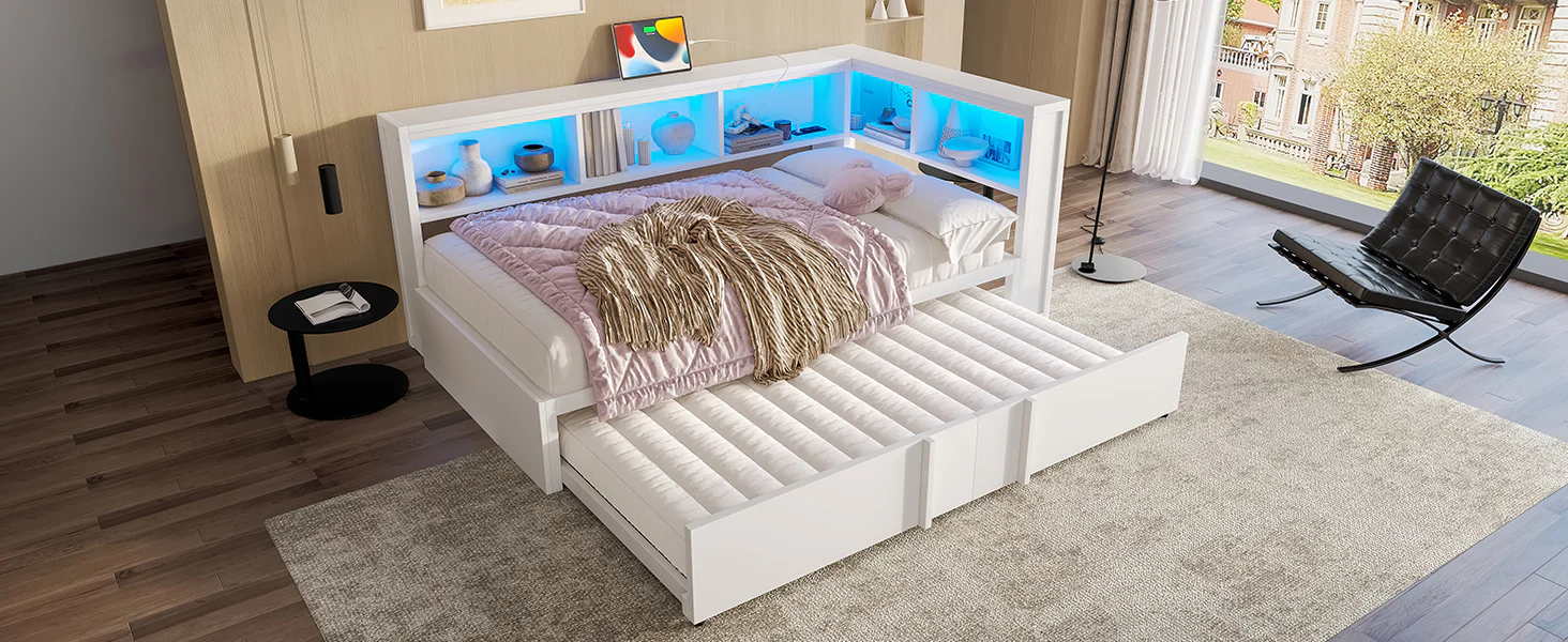 Metal Daybed 90x200cm Pull-out Bed Storage Cabinets LED USB White - Image 7