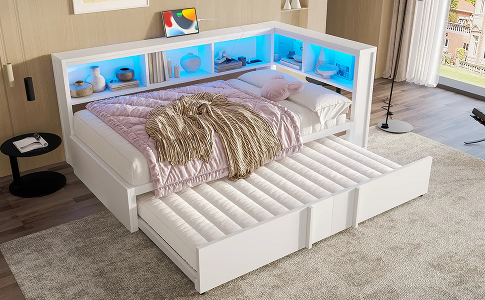 Metal Daybed 90x200cm Pull-out Bed Storage Cabinets LED USB White - Image 8