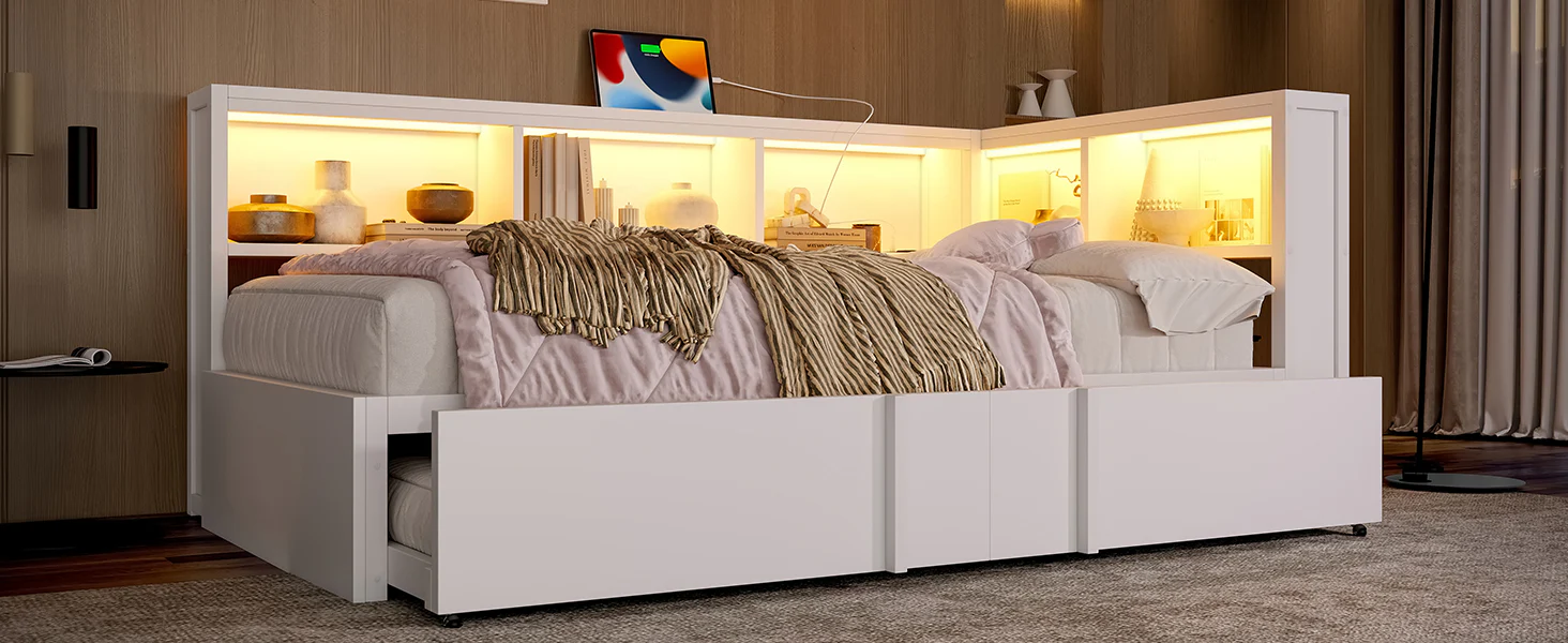 Metal Daybed 90x200cm Pull-out Bed Storage Cabinets LED USB White - Image 9