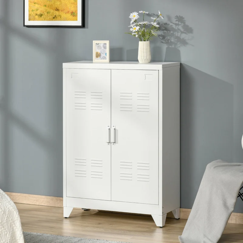 Metal Filing Cabinet Magnetic Slatted Double Door 75x33x110cm - White - Image 2