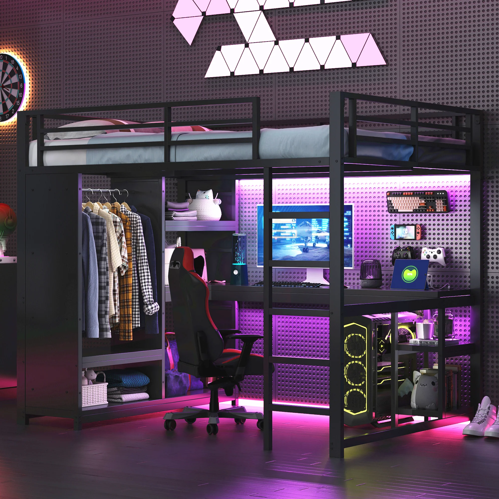 Metal Gaming Loft Bed 140x200 LED Desk Wardrobe Storage - Black