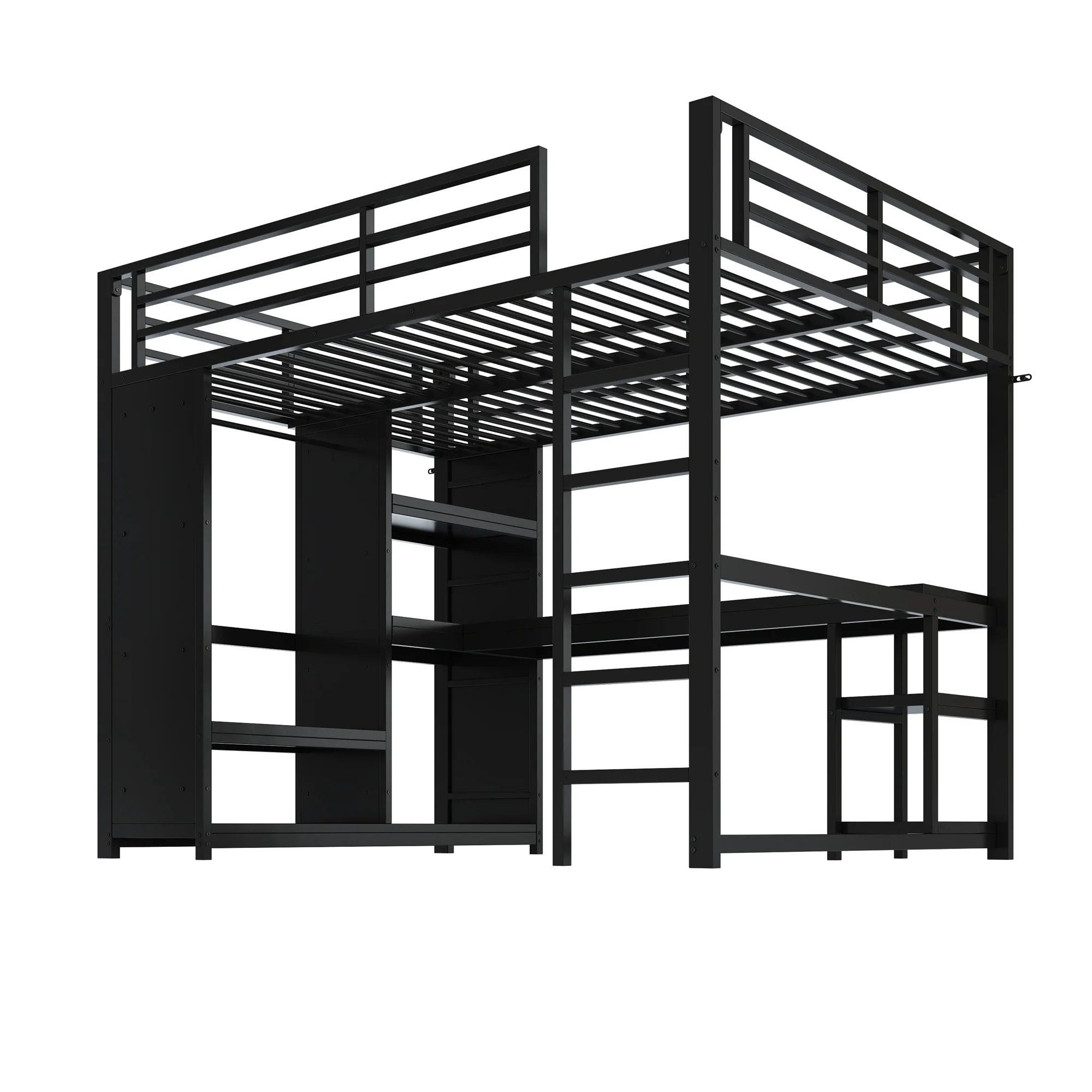 Metal Gaming Loft Bed 140x200 LED Desk Wardrobe Storage - Black - Image 10