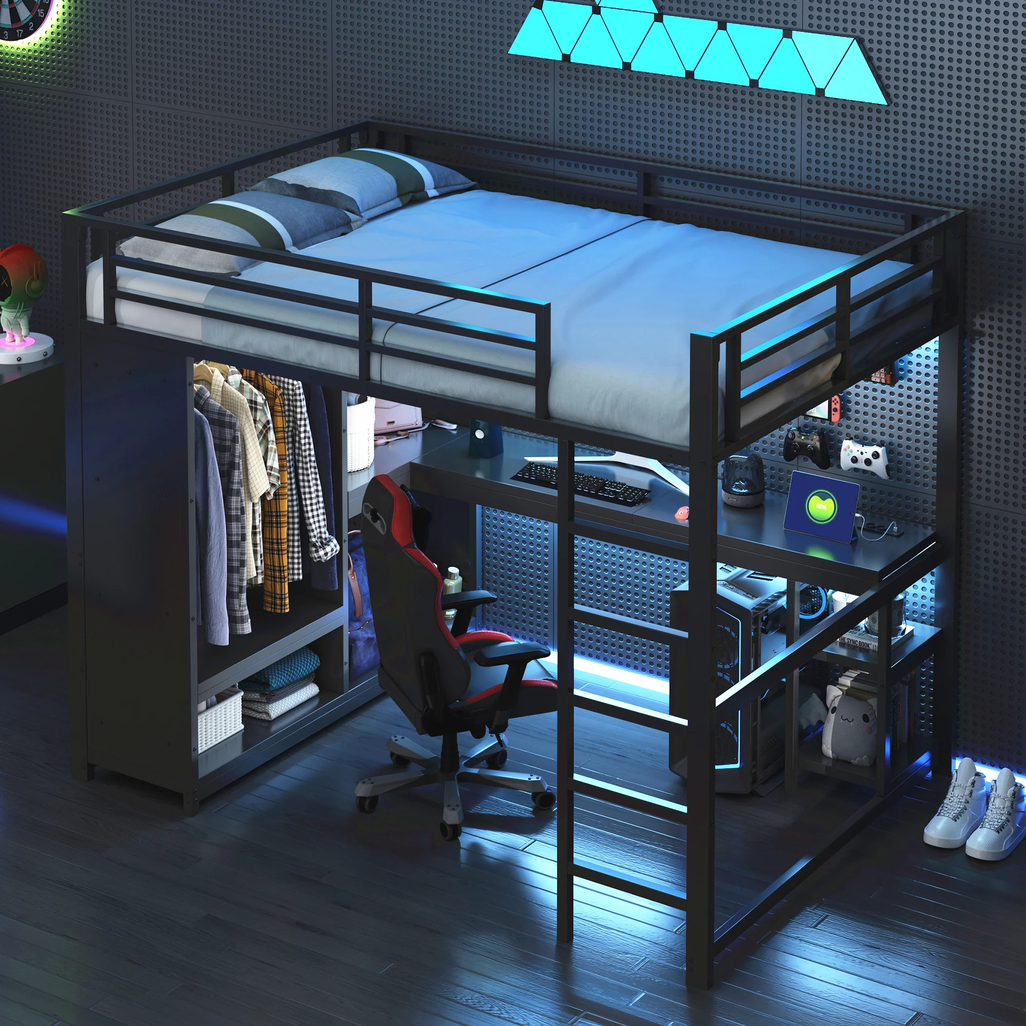 Metal Gaming Loft Bed 140x200 LED Desk Wardrobe Storage - Black - Image 3