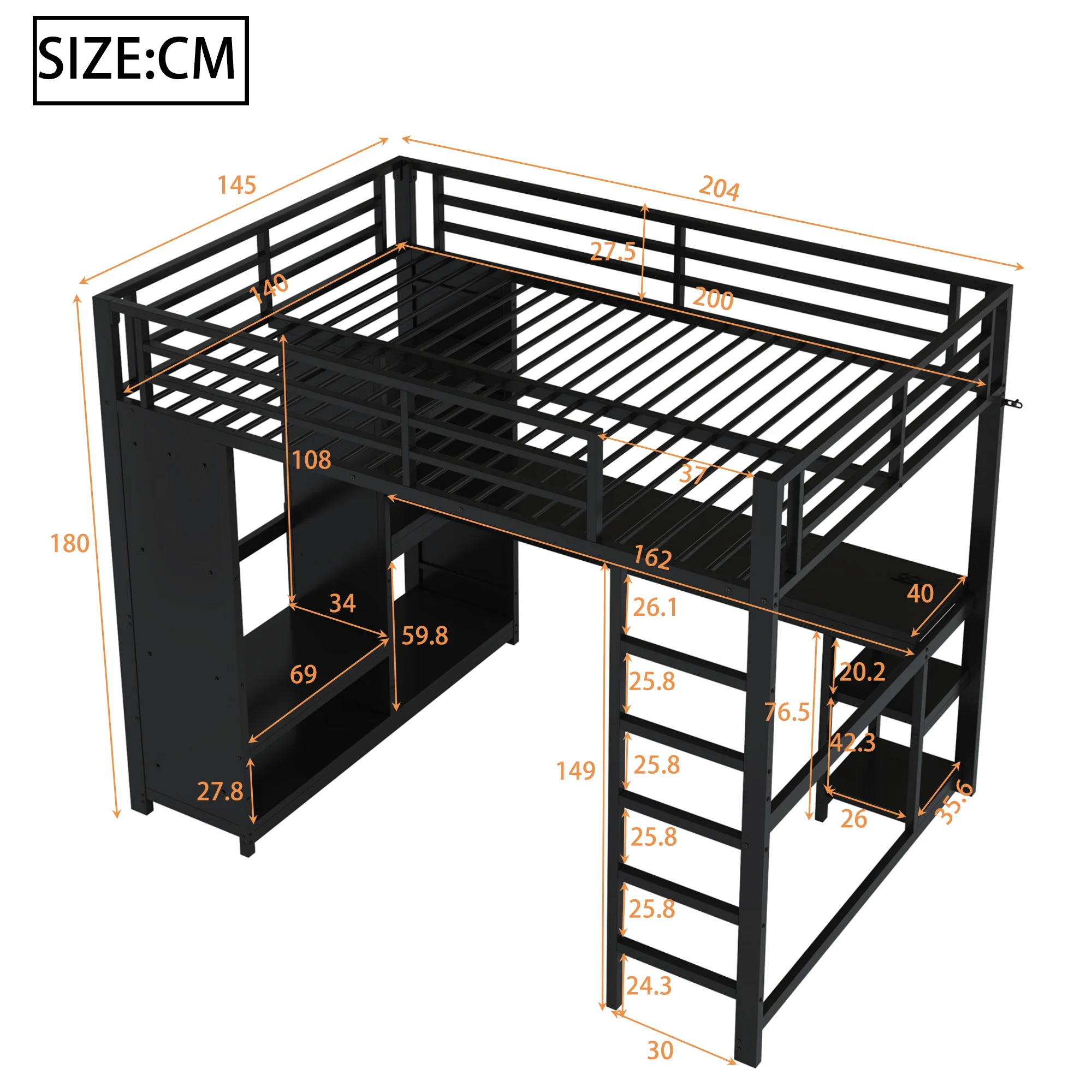 Metal Gaming Loft Bed 140x200 LED Desk Wardrobe Storage - Black - Image 4