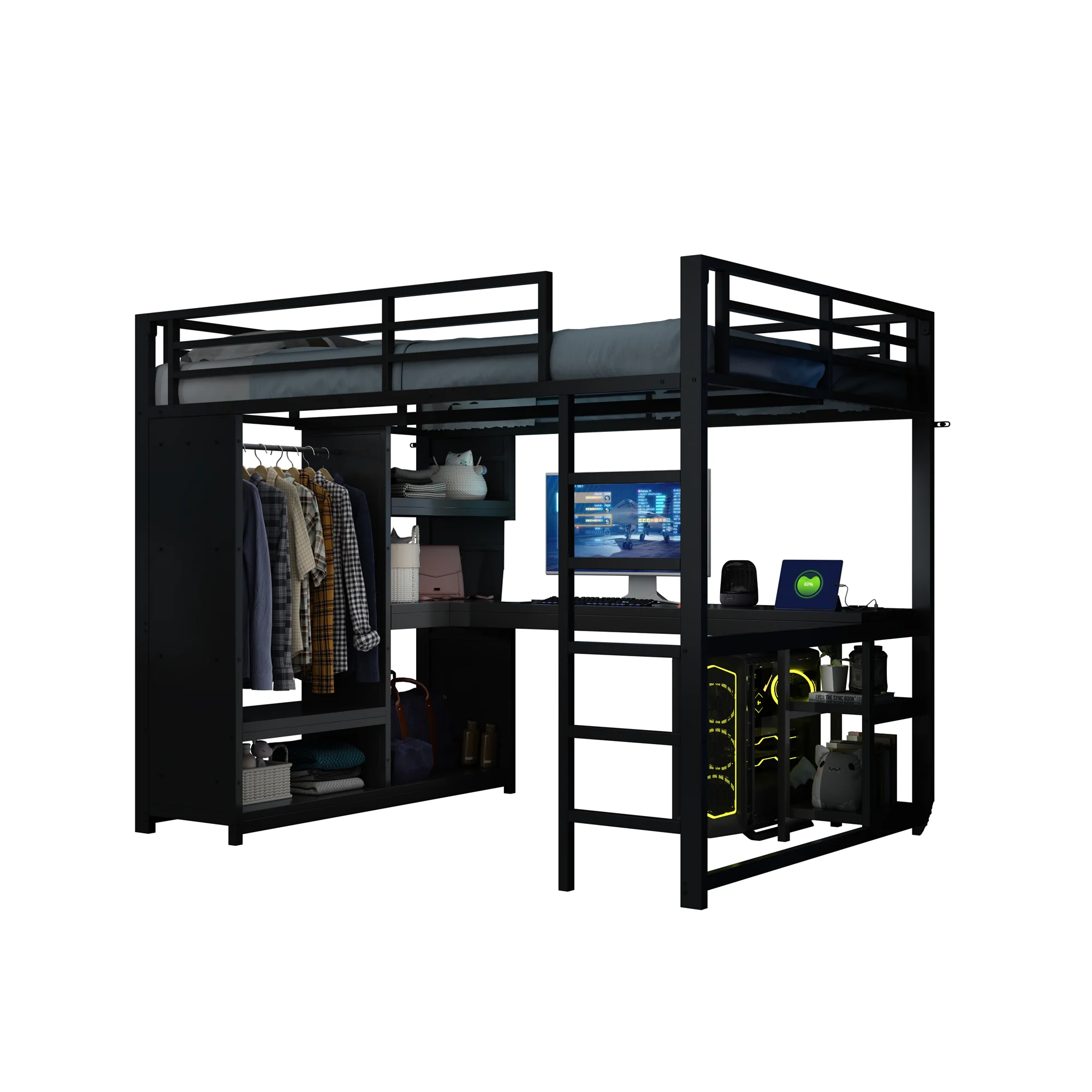 Metal Gaming Loft Bed 140x200 LED Desk Wardrobe Storage - Black - Image 5