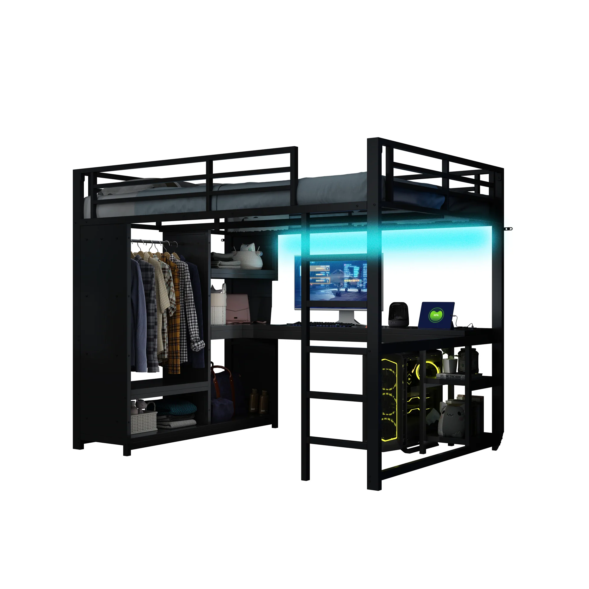 Metal Gaming Loft Bed 140x200 LED Desk Wardrobe Storage - Black - Image 6