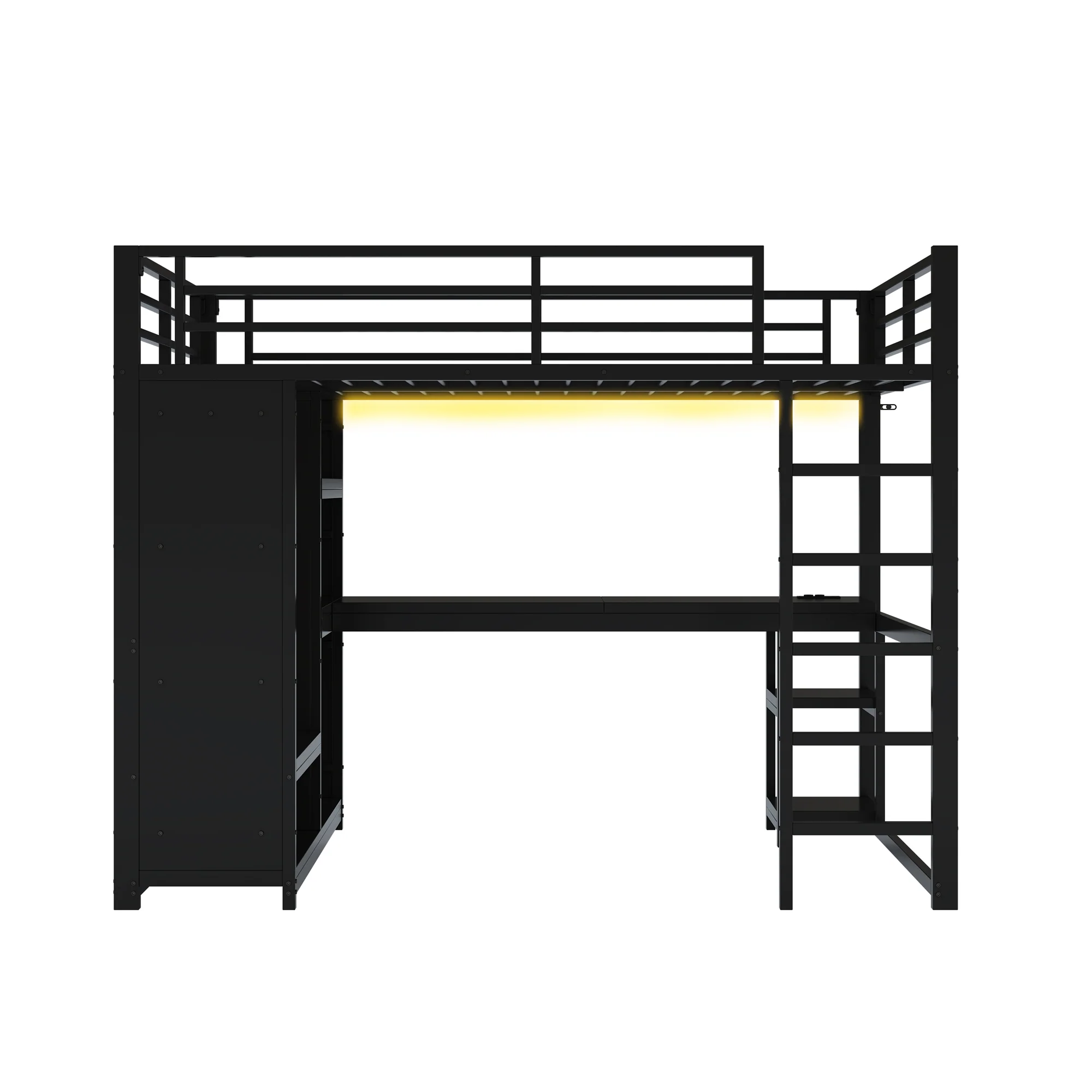 Metal Gaming Loft Bed 140x200 LED Desk Wardrobe Storage - Black - Image 7