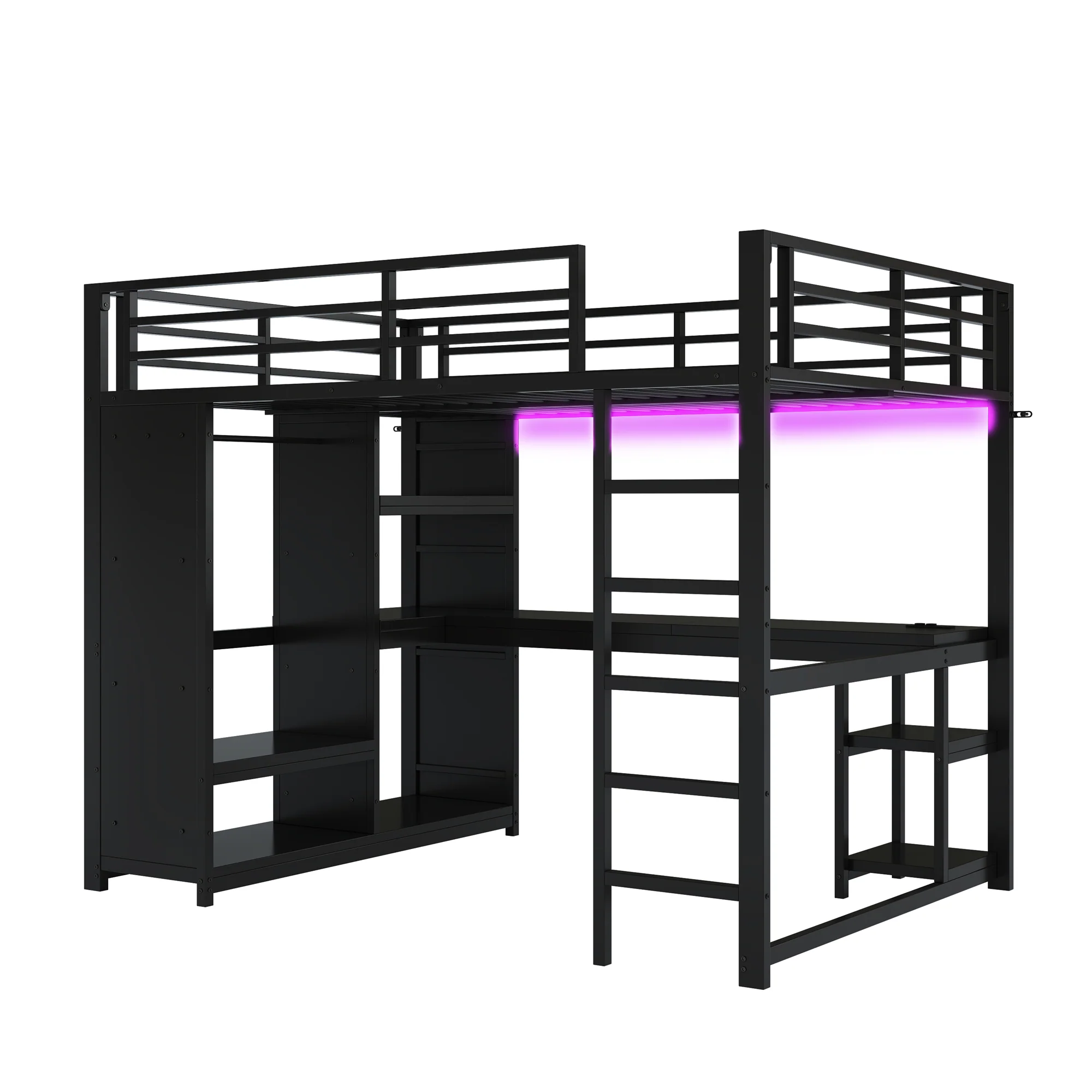 Metal Gaming Loft Bed 140x200 LED Desk Wardrobe Storage - Black - Image 8