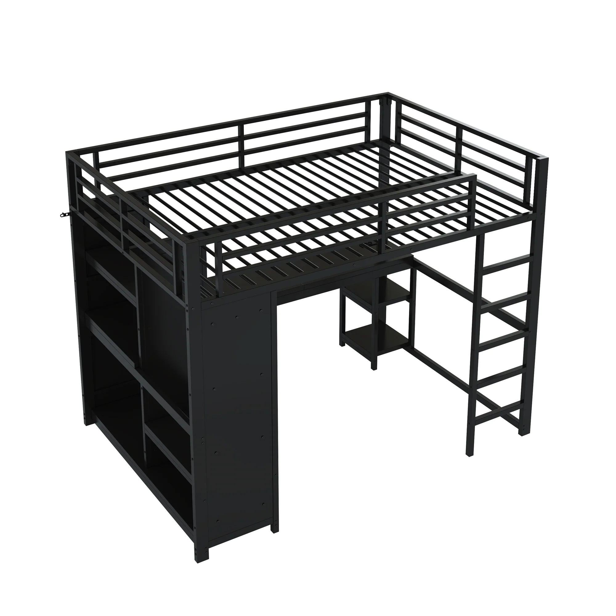 Metal Gaming Loft Bed 140x200 LED Desk Wardrobe Storage - Black - Image 9