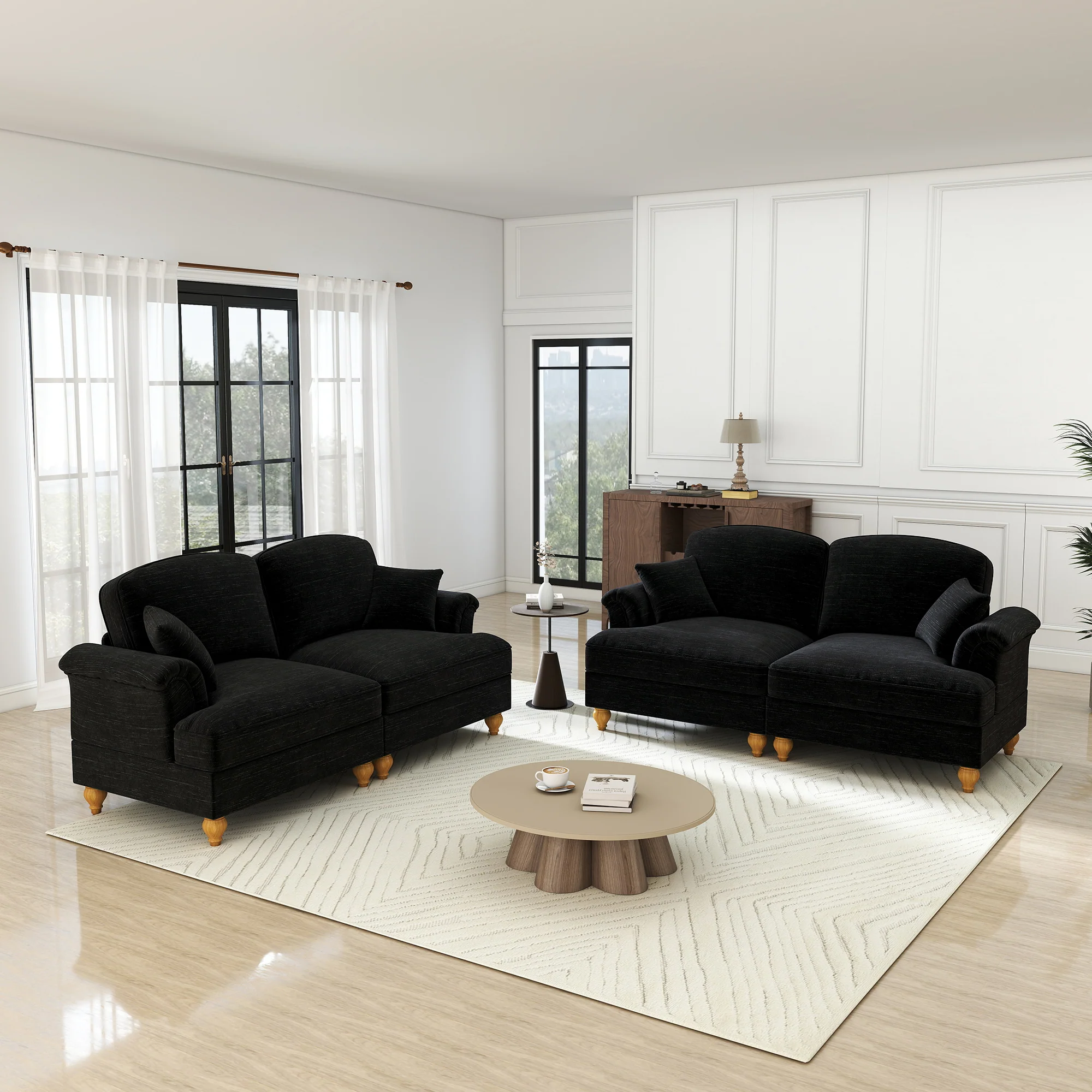 Mid-Century L-Shaped 2-Seater Sofa with Movable Ottoman - Black Chenille