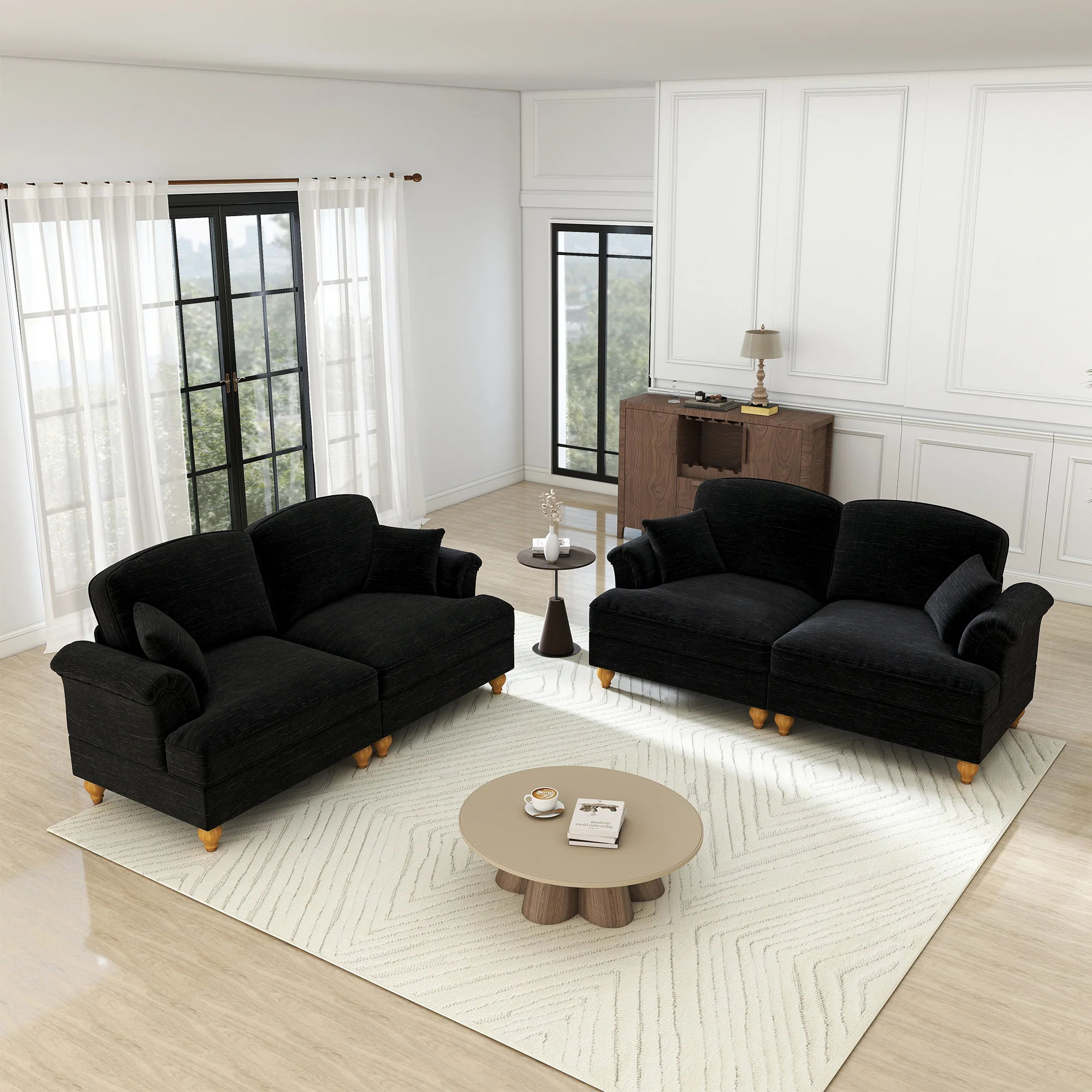Mid-Century L-Shaped 2-Seater Sofa with Movable Ottoman - Black Chenille - Image 2
