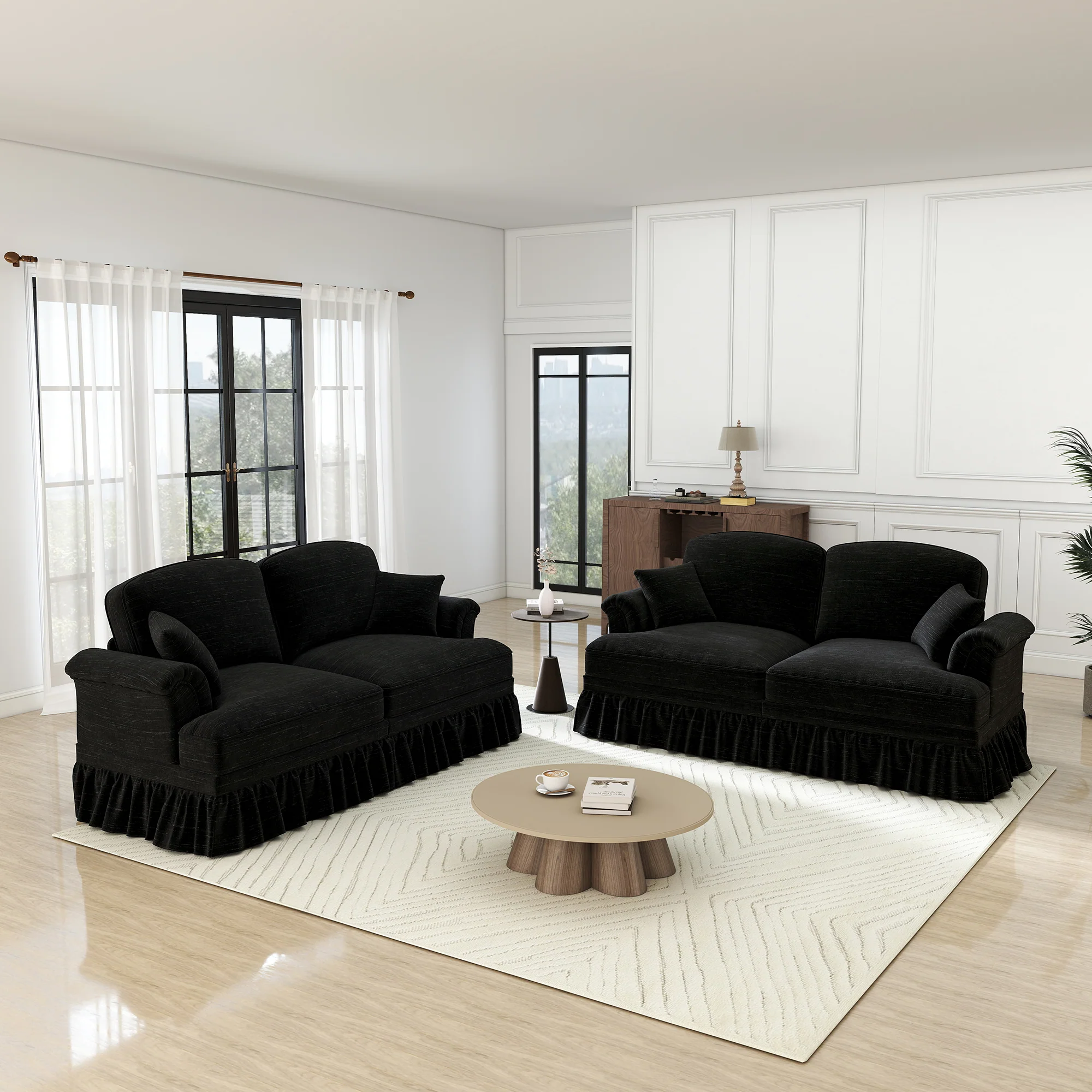 Mid-Century L-Shaped 2-Seater Sofa with Movable Ottoman - Black Chenille - Image 3