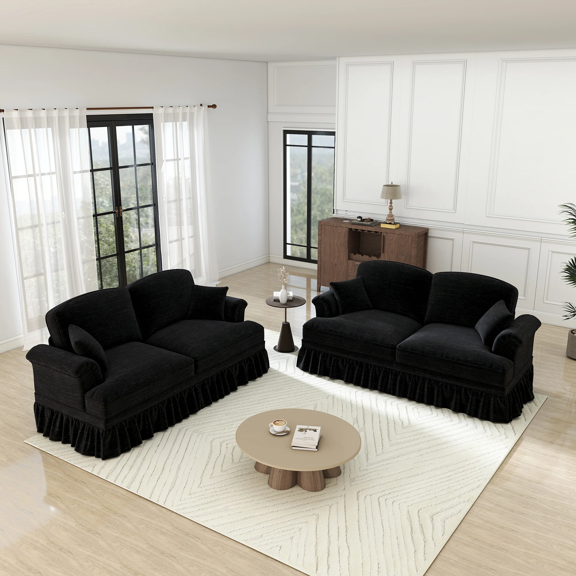 Mid-Century L-Shaped 2-Seater Sofa with Movable Ottoman - Black Chenille - Image 4