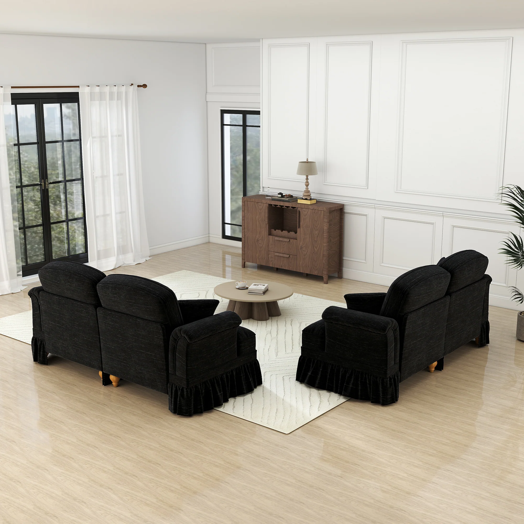 Mid-Century L-Shaped 2-Seater Sofa with Movable Ottoman - Black Chenille - Image 5