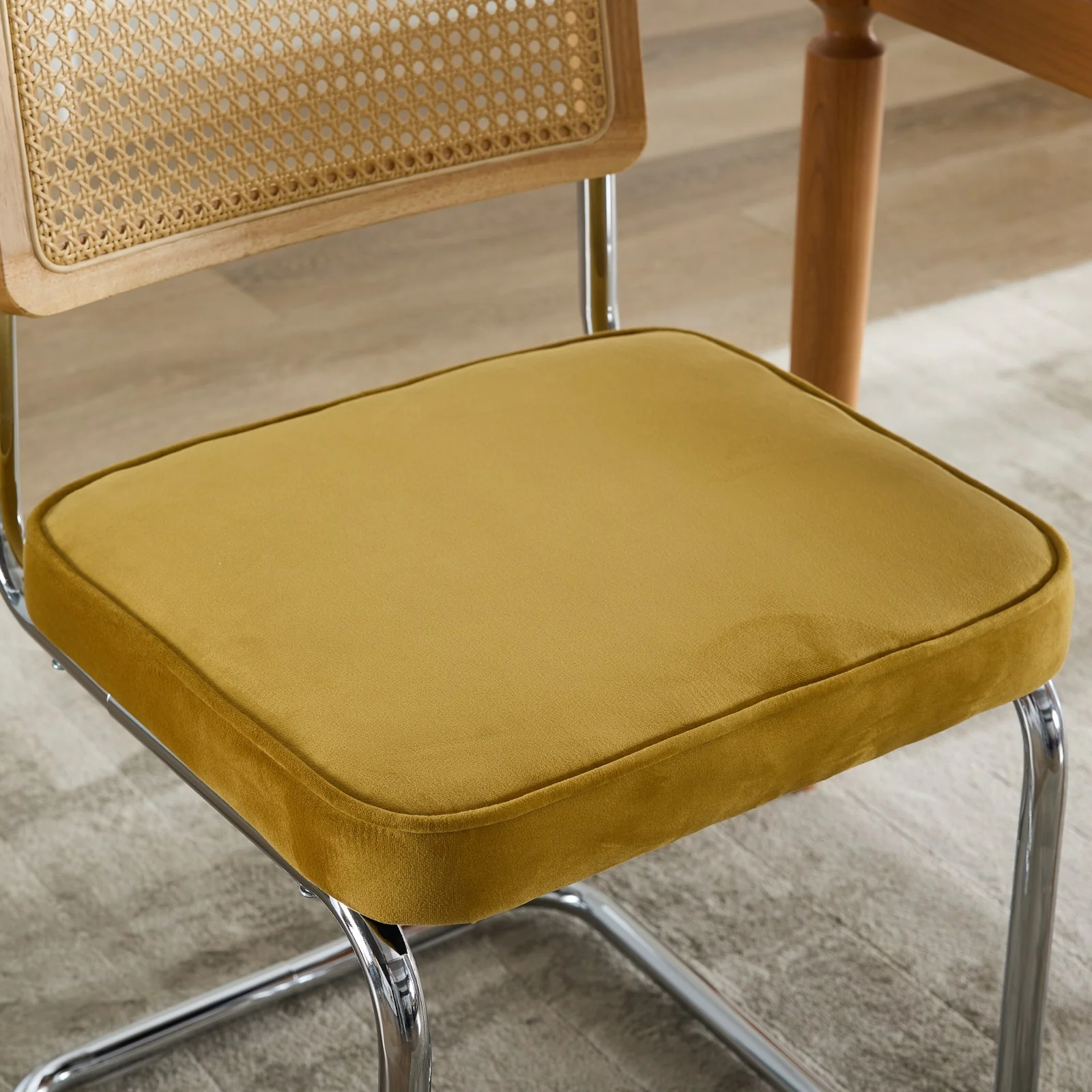 Mid Century Modern Dining Chairs Set of 2 - Velvet Cane Back Chrome Base - Golden Color - Image 10