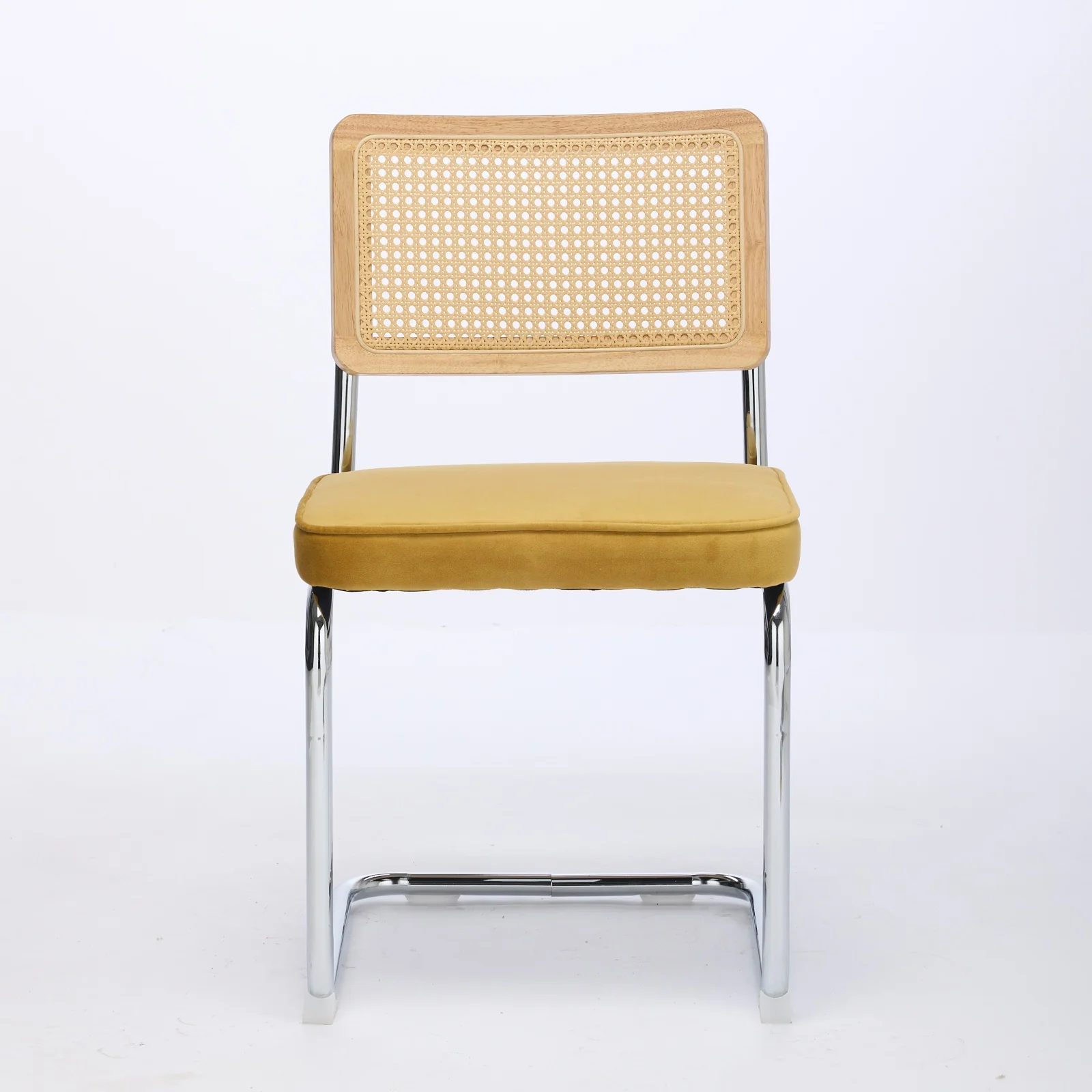 Mid Century Modern Dining Chairs Set of 2 - Velvet Cane Back Chrome Base - Golden Color - Image 2