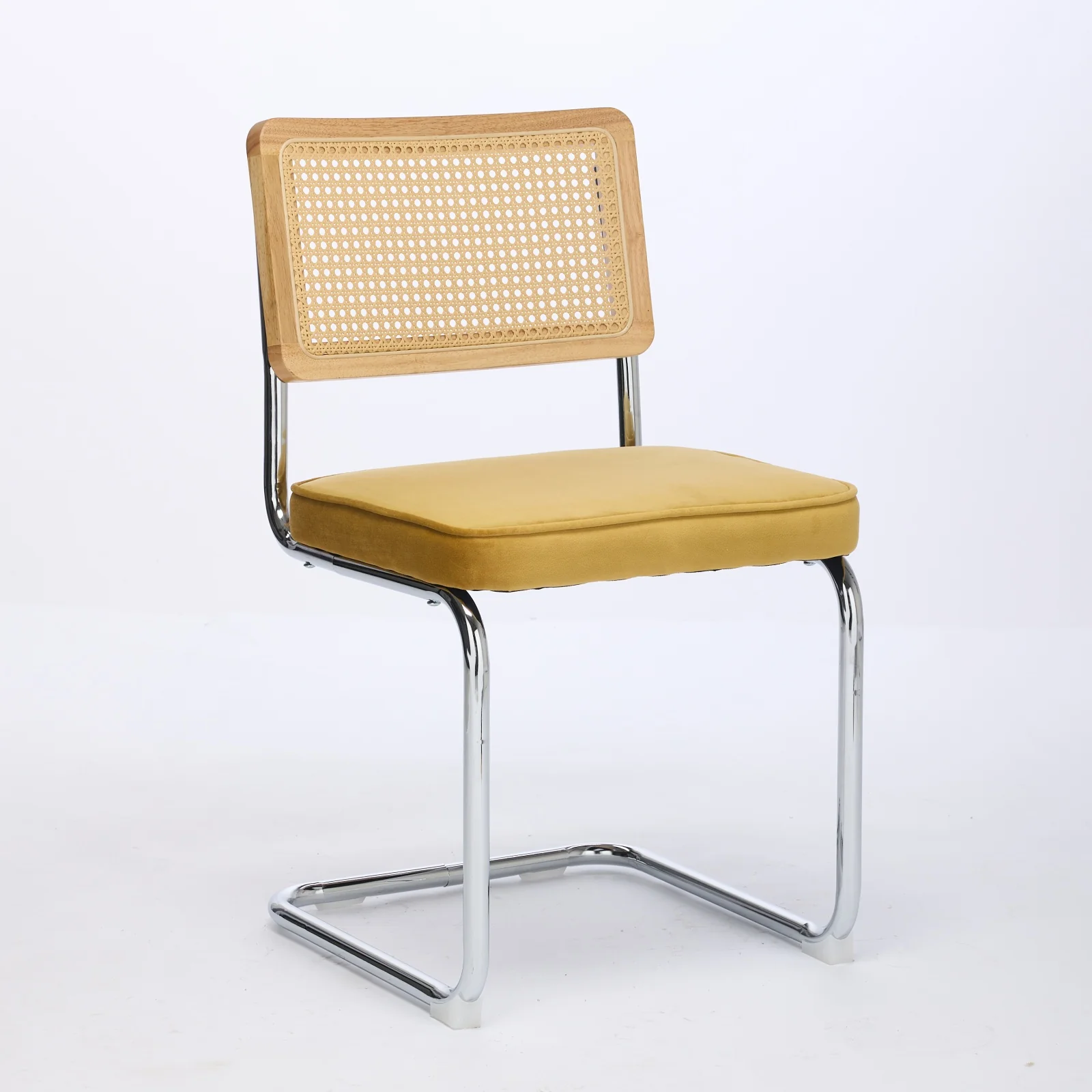 Mid Century Modern Dining Chairs Set of 2 - Velvet Cane Back Chrome Base - Golden Color - Image 3