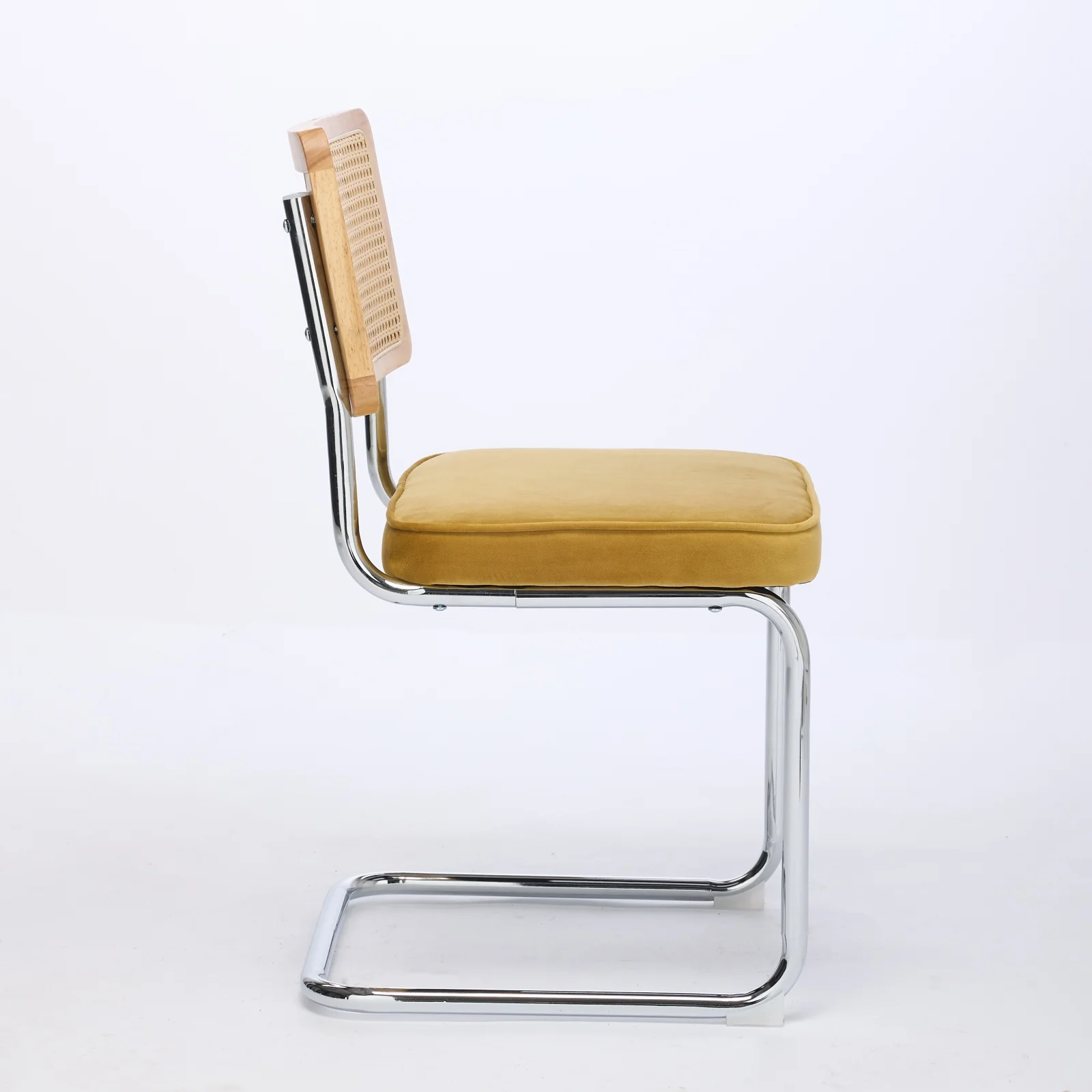 Mid Century Modern Dining Chairs Set of 2 - Velvet Cane Back Chrome Base - Golden Color - Image 4