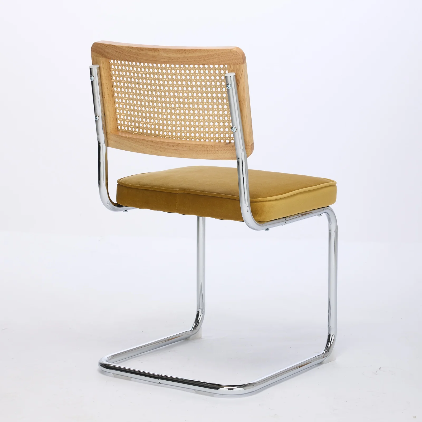 Mid Century Modern Dining Chairs Set of 2 - Velvet Cane Back Chrome Base - Golden Color - Image 5