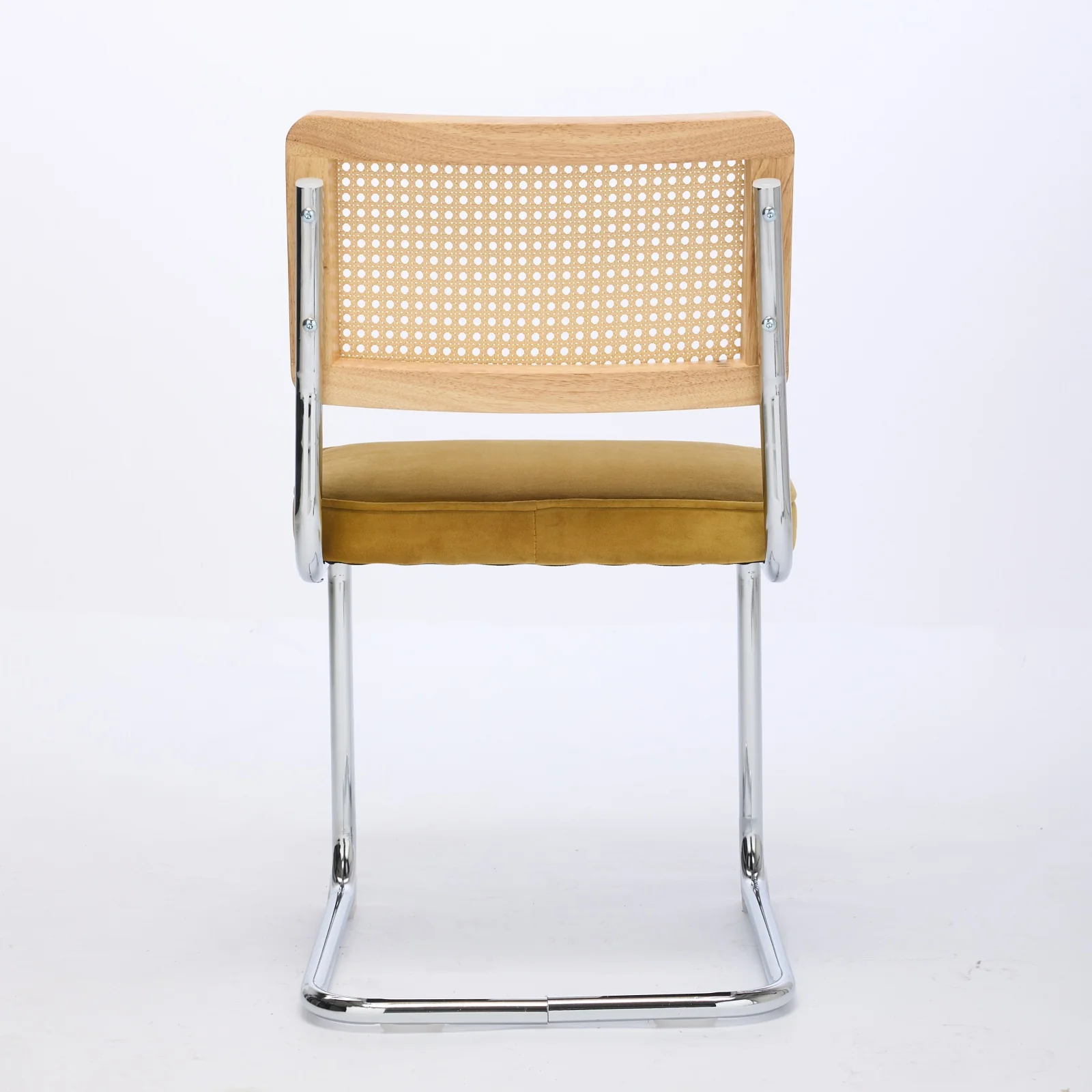Mid Century Modern Dining Chairs Set of 2 - Velvet Cane Back Chrome Base - Golden Color - Image 6