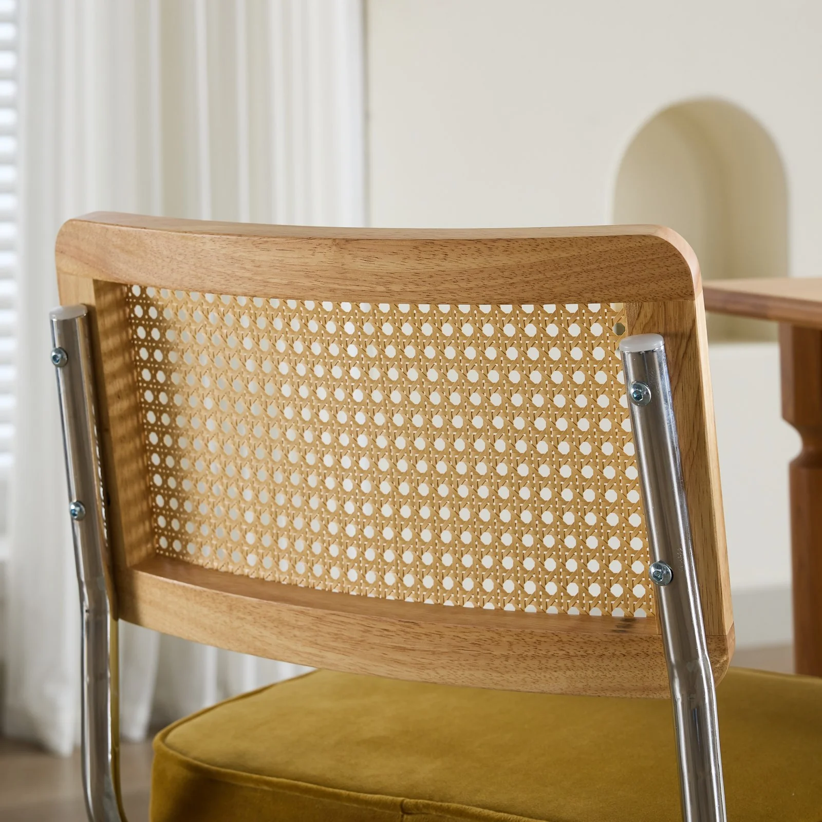 Mid Century Modern Dining Chairs Set of 2 - Velvet Cane Back Chrome Base - Golden Color - Image 9