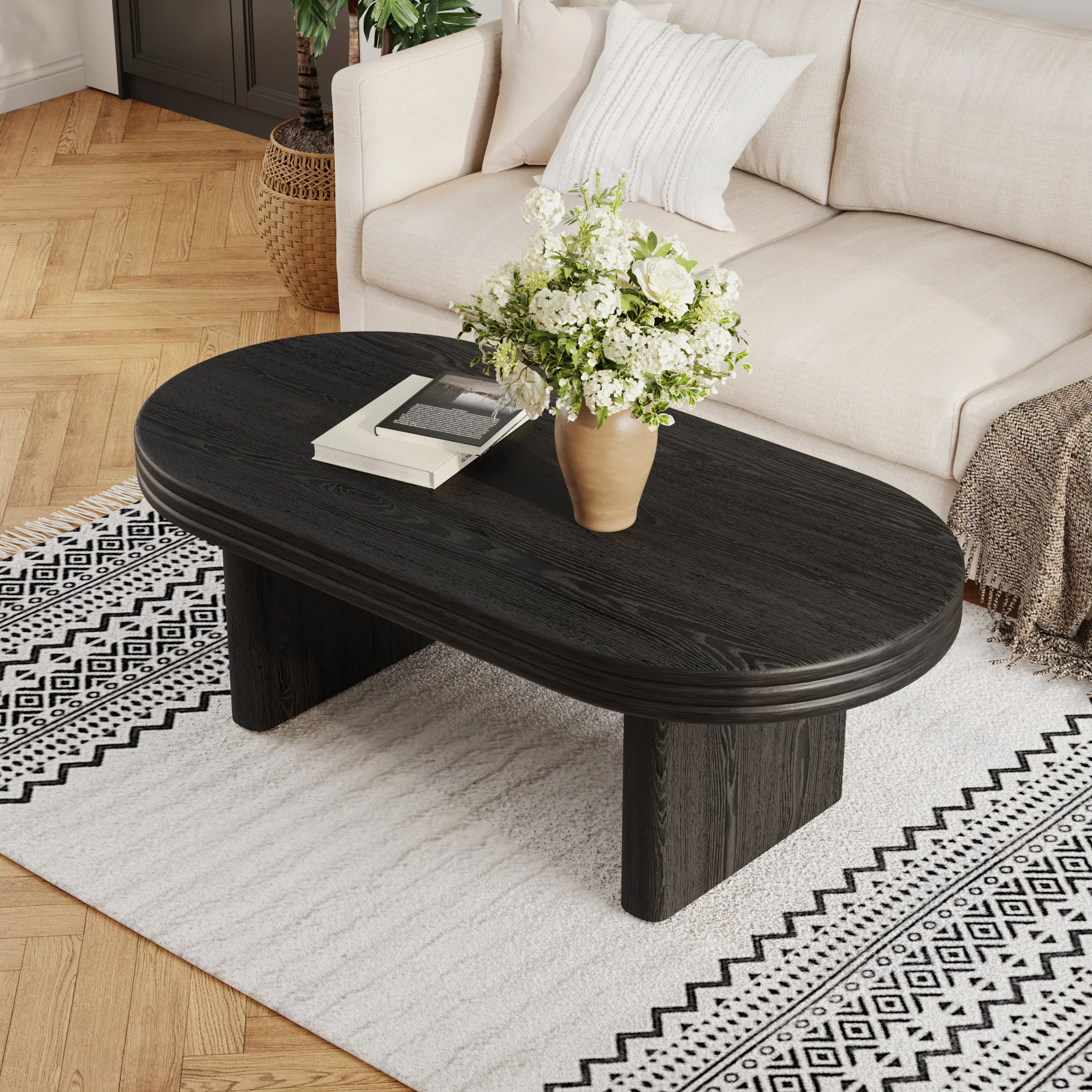 Mid Century Modern Oval Fluted Coffee Table Rustic Wood - Black - Image 2