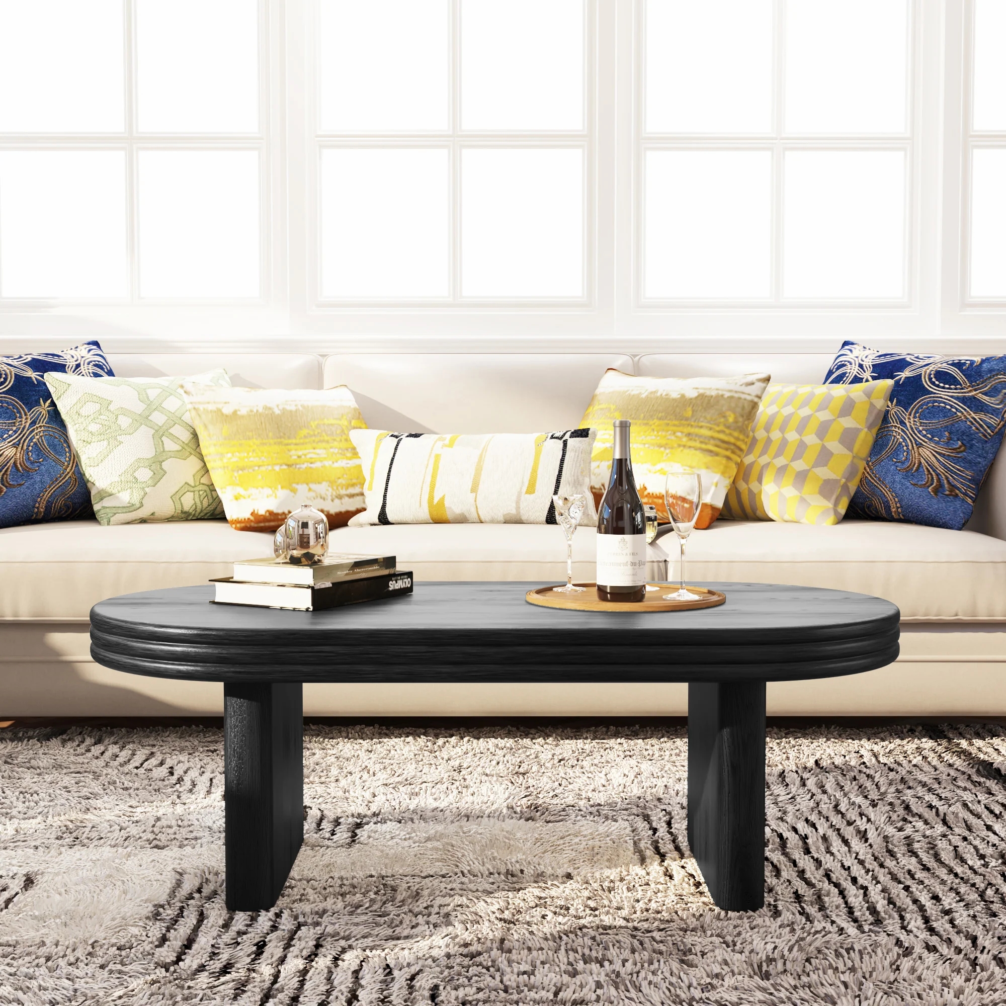 Mid Century Modern Oval Fluted Coffee Table Rustic Wood - Black - Image 3