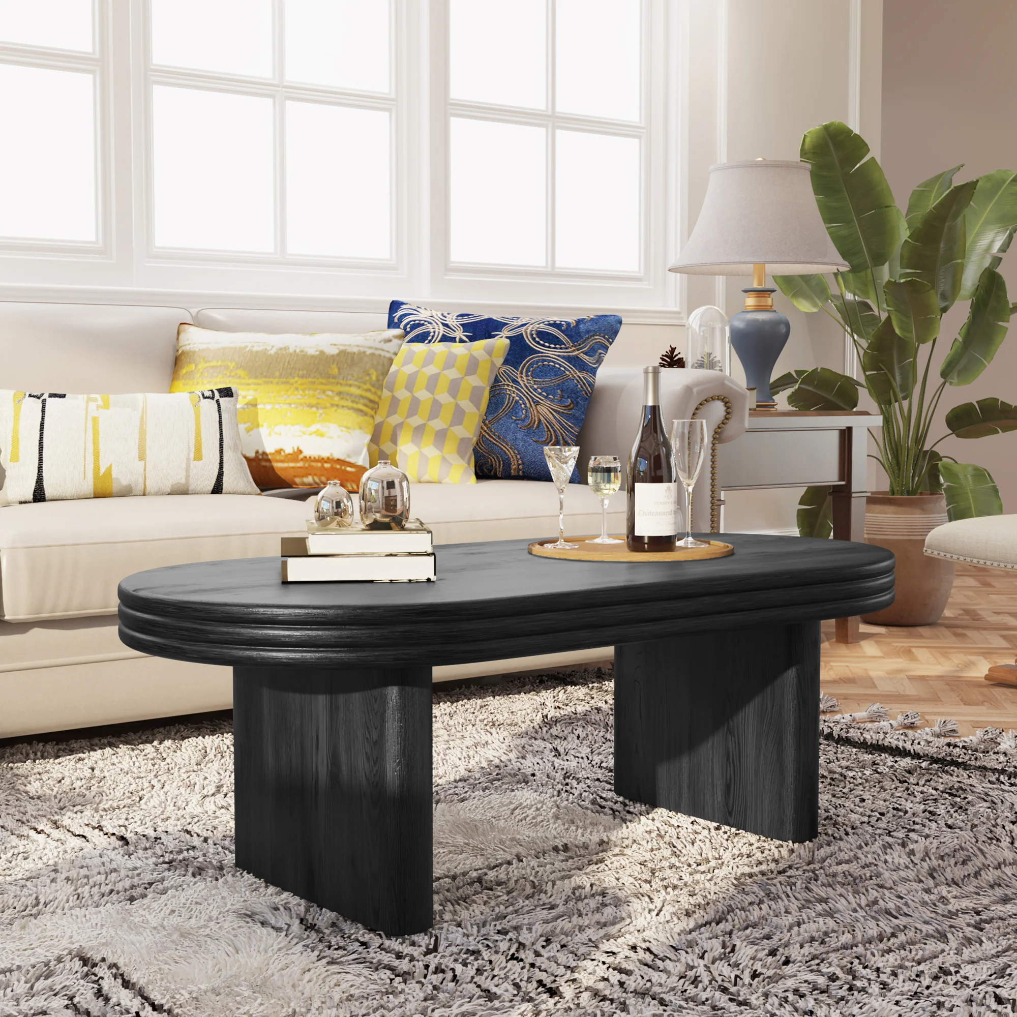 Mid Century Modern Oval Fluted Coffee Table Rustic Wood - Black - Image 4