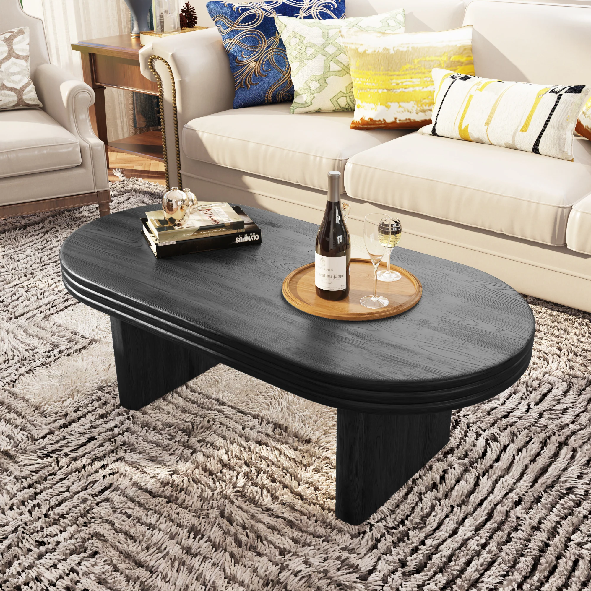 Mid Century Modern Oval Fluted Coffee Table Rustic Wood - Black - Image 5