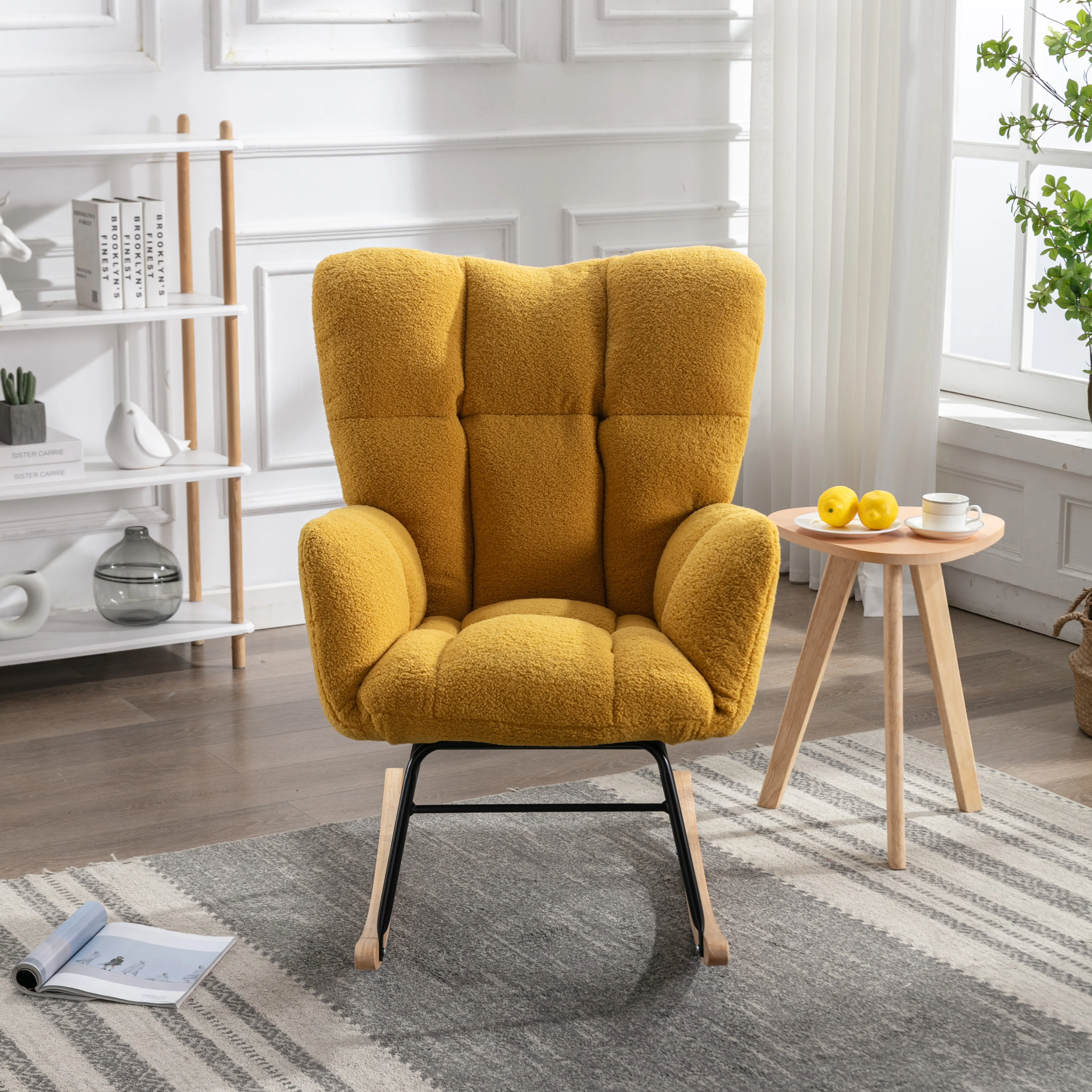 Mid Century Modern Rocking Chair with Tufted Cover, Padded Seat, Teddy Fabric, Yellow - Image 12
