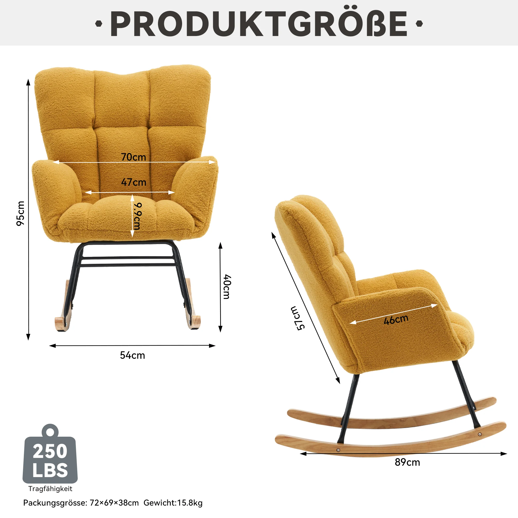 Mid Century Modern Rocking Chair with Tufted Cover, Padded Seat, Teddy Fabric, Yellow - Image 2