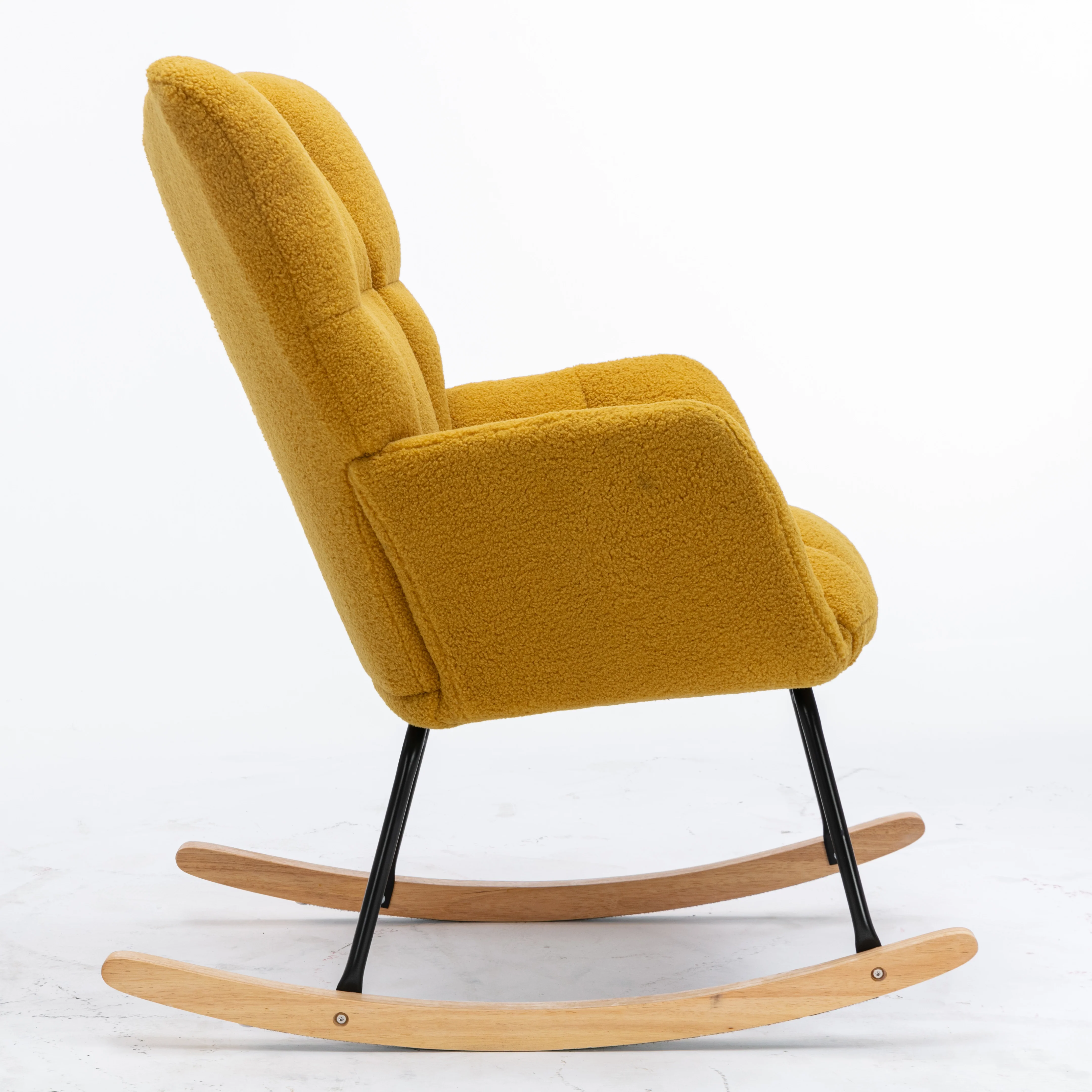 Mid Century Modern Rocking Chair with Tufted Cover, Padded Seat, Teddy Fabric, Yellow - Image 9