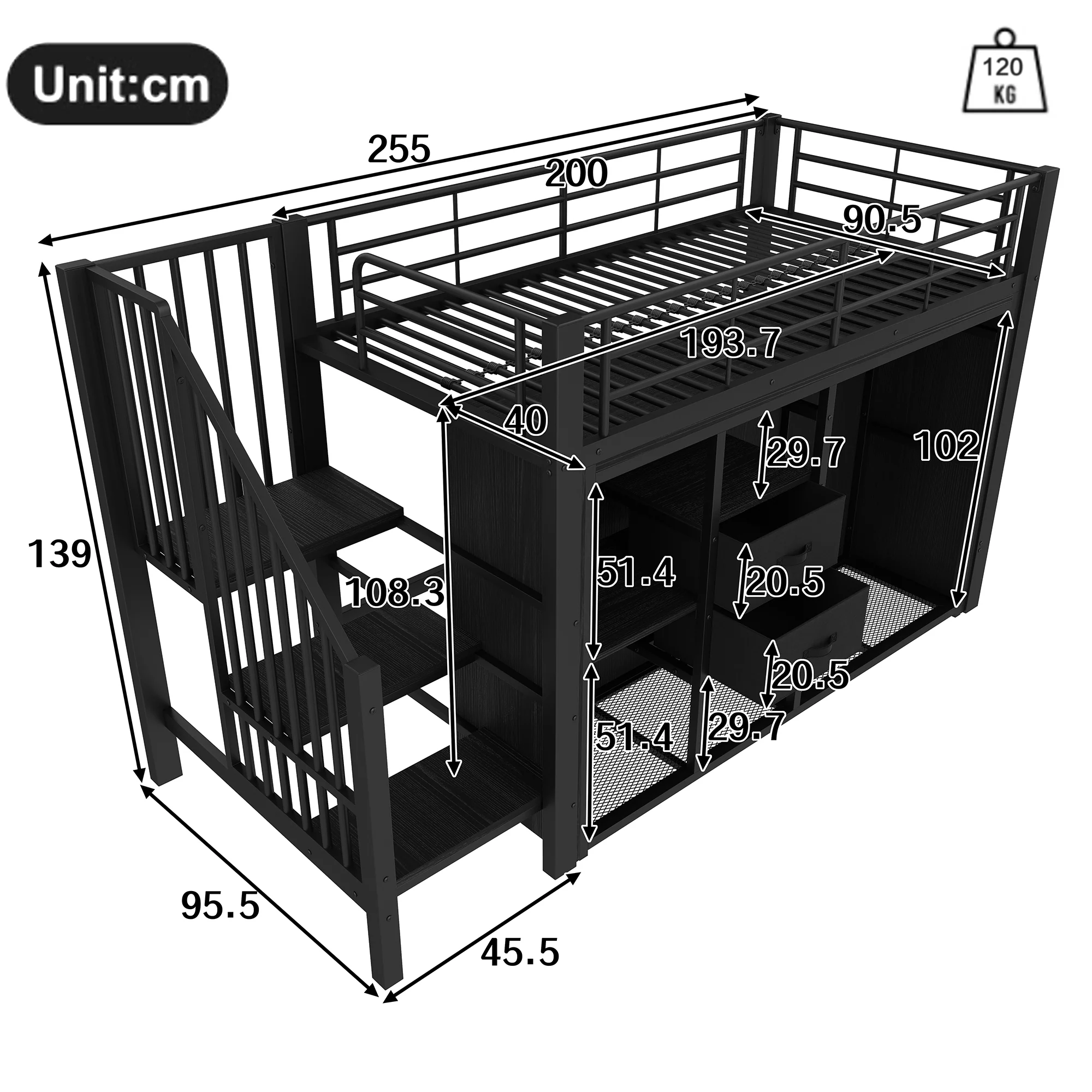 Mid-Height Bed 90x200cm 2 Drawers Open Wardrobe LED Storage - Black - Image 9