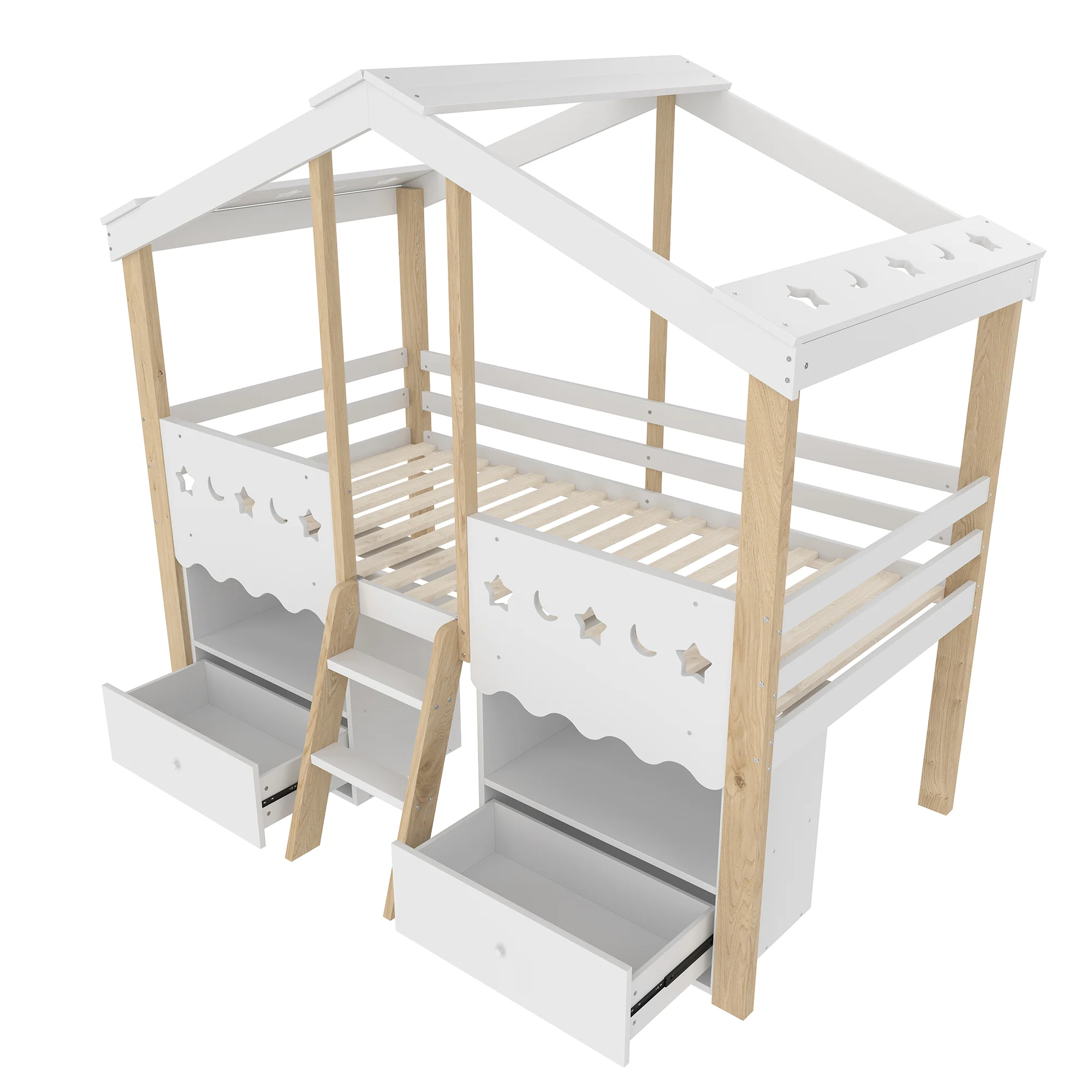 Mid-height Bed 90x200cm House Shape 2 Drawers LED Light - White/Natural - Image 10